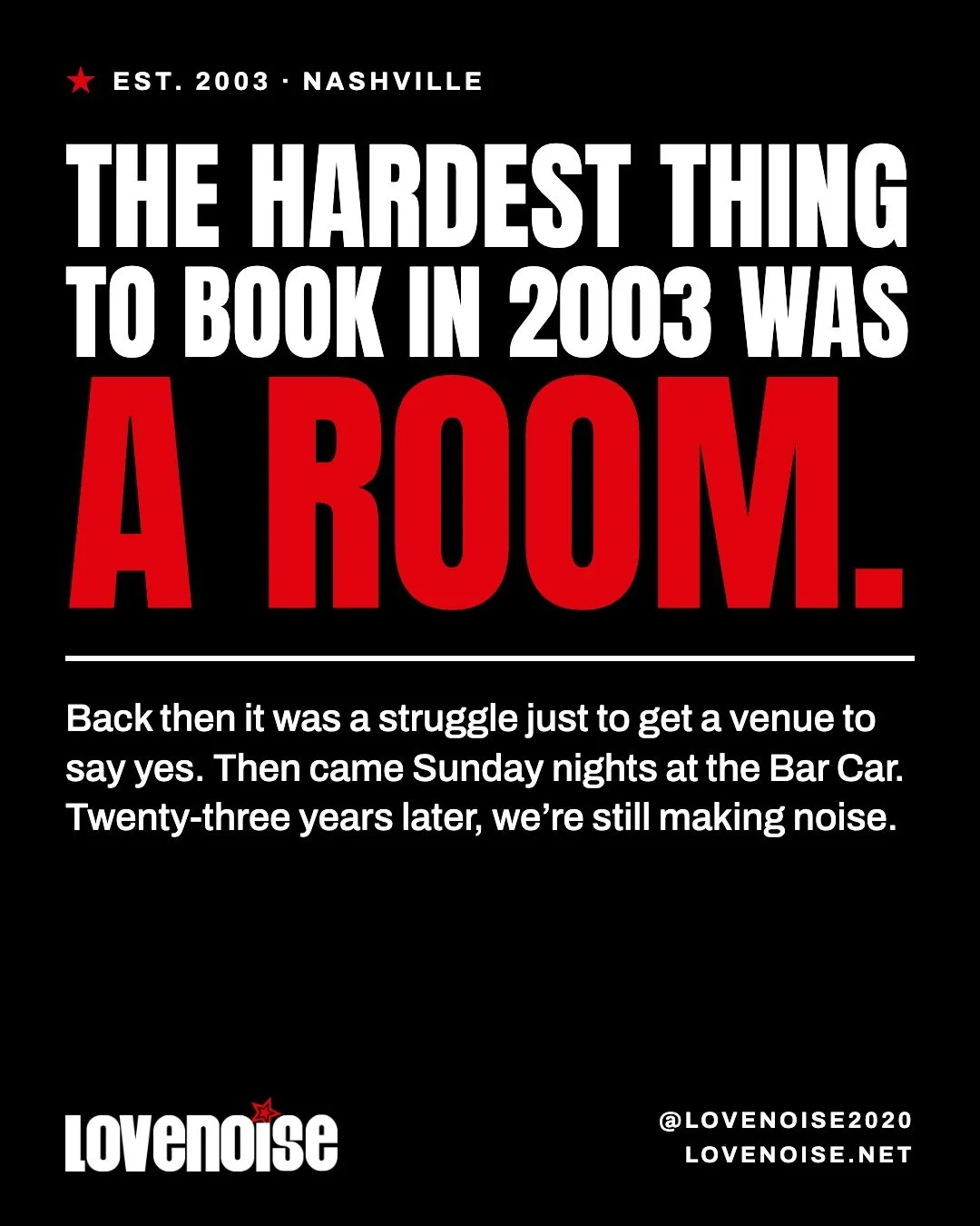 ✨ BEFORE THE BIG ROOMS, THERE WAS NO ROOM. ✨

The year: 2003. Five of us. One idea: a home in Nashville for hip-hop, soul, and R&amp;B.
The hardest part wasn't the music. It was getting a venue to say YES. We kept asking. Sunday nights at the Bar Car