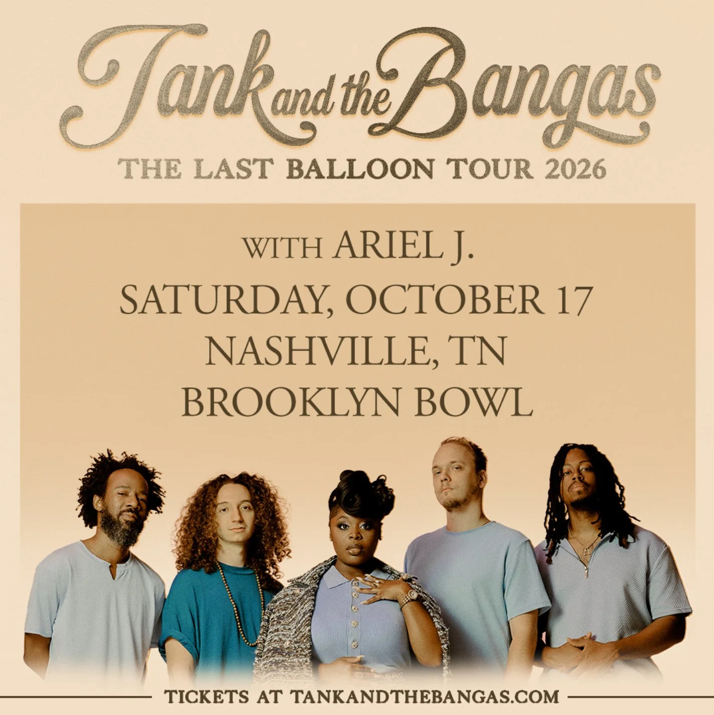 🚨 NASHVILLE, THIS IS YOUR LAST CALL! 🚨⁠
⁠
Tomorrow night, Tank and the Bangas take over Brooklyn Bowl for a Saturday night packed with bold sounds, infectious energy, and genre-bending grooves! 🔥🎶⁠
⁠
📅 Saturday, October 17⁠
📍 Brooklyn Bowl Nash
