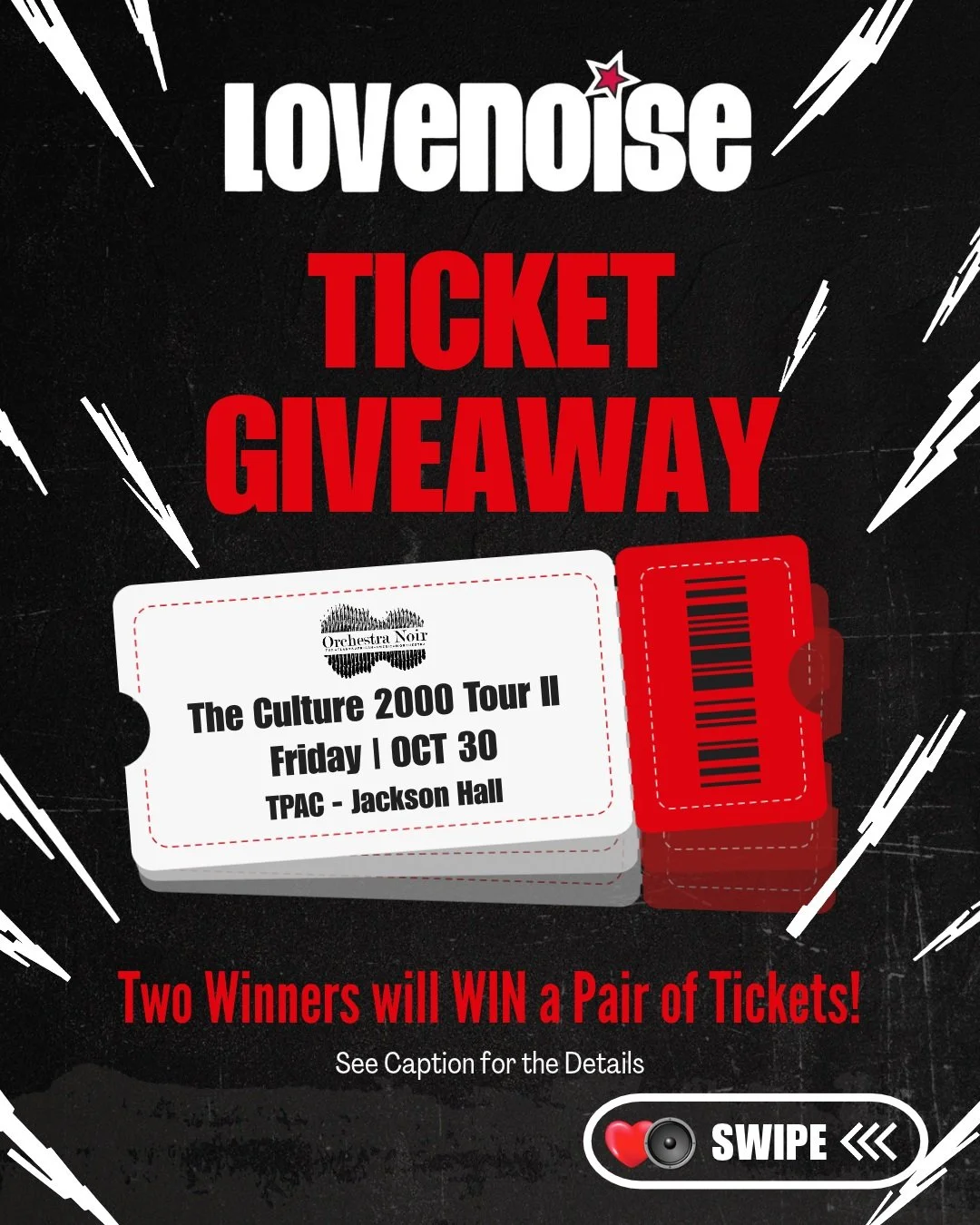 It pays to hang with Lovenoise! 

GIVEAWAY ALERT! 2 PAIRS OF TICKETS UP FOR GRABS! 👻🎃

Nashville, we&rsquo;re giving TWO lucky winners a chance to WIN a pair of tickets to Orchestra Noir Presents: The Culture 2000 Tour II on October 30 at TPAC! 🎶
