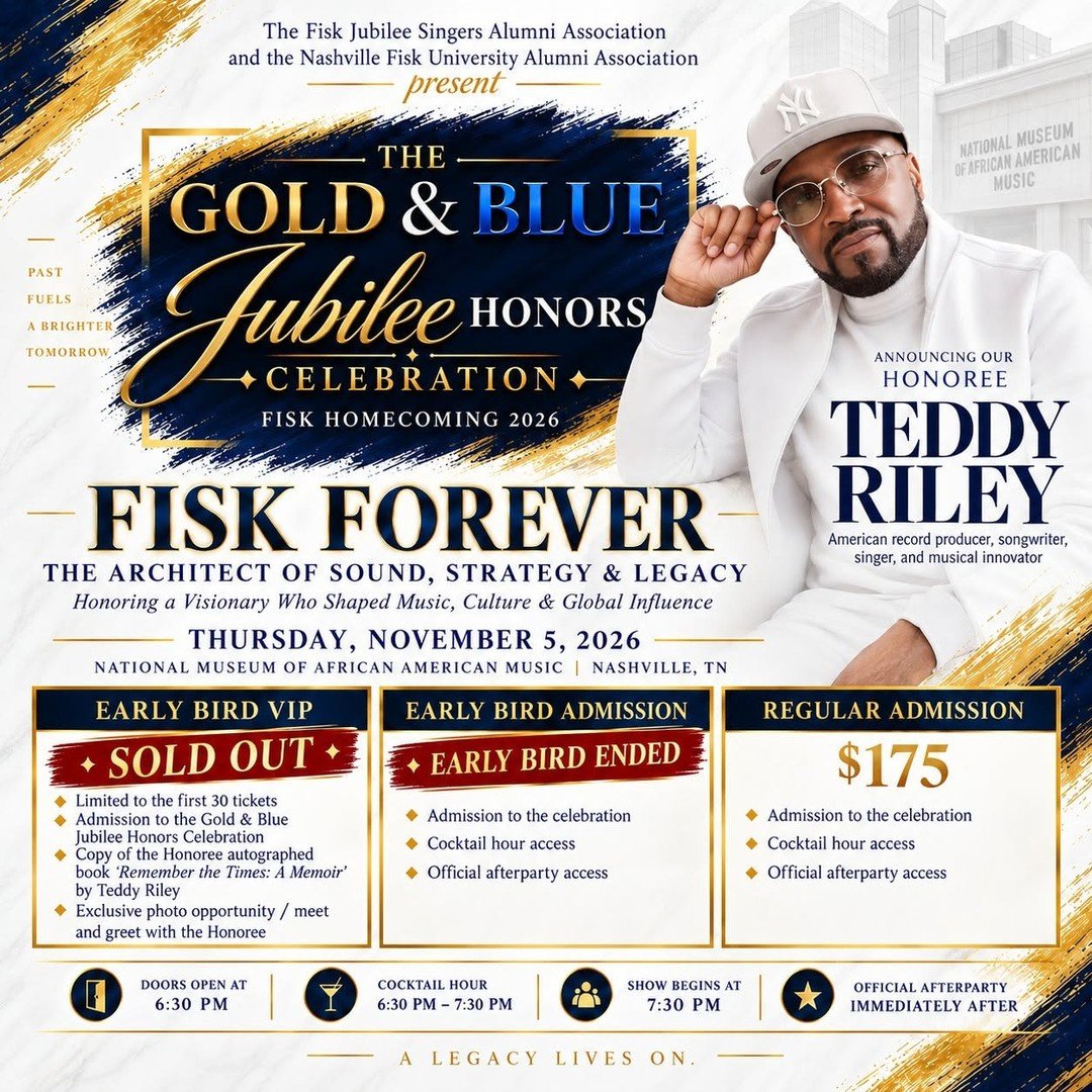 Can we use what she sent us for the ticket link?⁠
⁠
Join us during Fisk Homecoming as we celebrate our 2026 honoree, the legendary Teddy Riley &mdash; producer, songwriter, artist, musical innovator, and the visionary behind a sound that changed gene