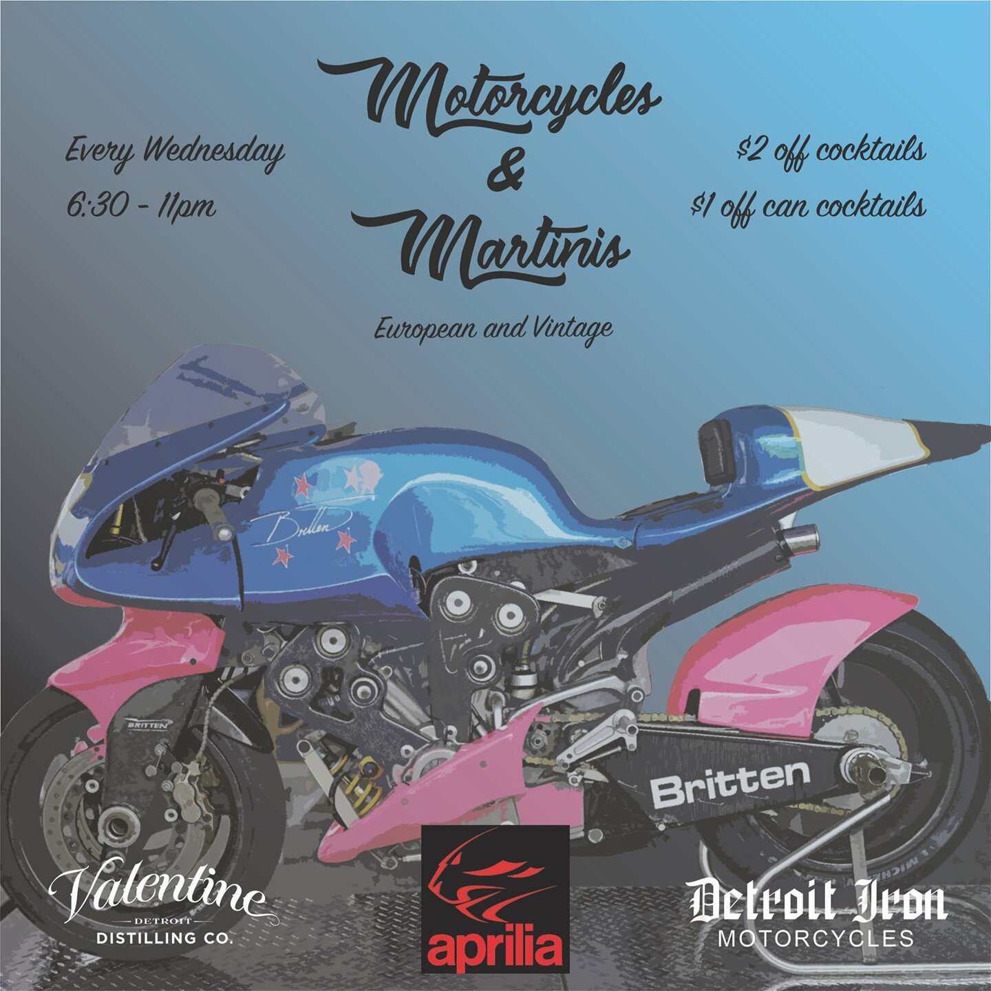 Join us every Wednesday from 6:30 - 11pm for Motorcycles and Martinis! Check out a variety of European and vintage bikes and then grab a cocktail on our patio. Guests enjoy happy hour all night and $1.00 off canned cocktails.