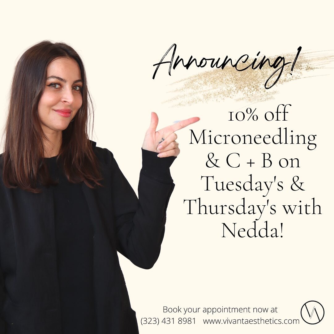 A little Friday Surprise! 🥳👏🏻
Book Microneedling &amp; C + B on Tuesday&rsquo;s &amp; Thursday&rsquo;s for 10% off! 🎉 
.
.
.
.
.
✨ Call &amp; Book NOW!
☎️ (323) 431 8981 
⌨️ www.vivantaesthetics.com
.
.
.
.
#clearandbrilliant #microneedling #beau