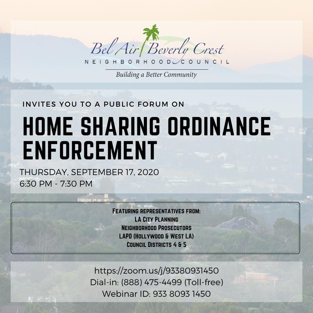 TONIGHT:⠀
⠀
Interested in finding out more about how enforcement of the home sharing ordinance is progressing?  BABCNC's Ad Hoc Committee on Home Sharing and Party House Ordinances is hosting a public forum featuring representatives from LA City Plan