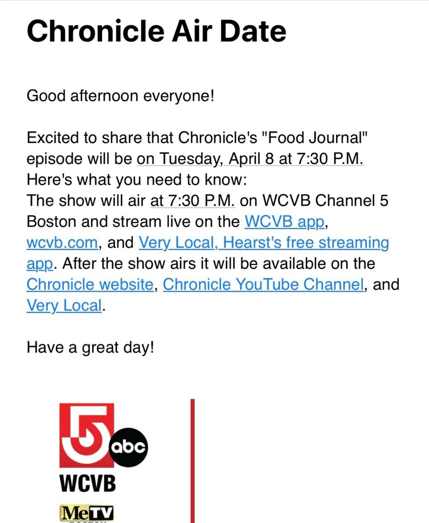 Tune in tomorrow night, Tues 4/8 at 7:30 PM on WCVB Channel 5 Boston and stream live on the WCVB app or WCVB.com. It will also be available after the show airs on the Chronicle website and Chronicle You Tube Channel!