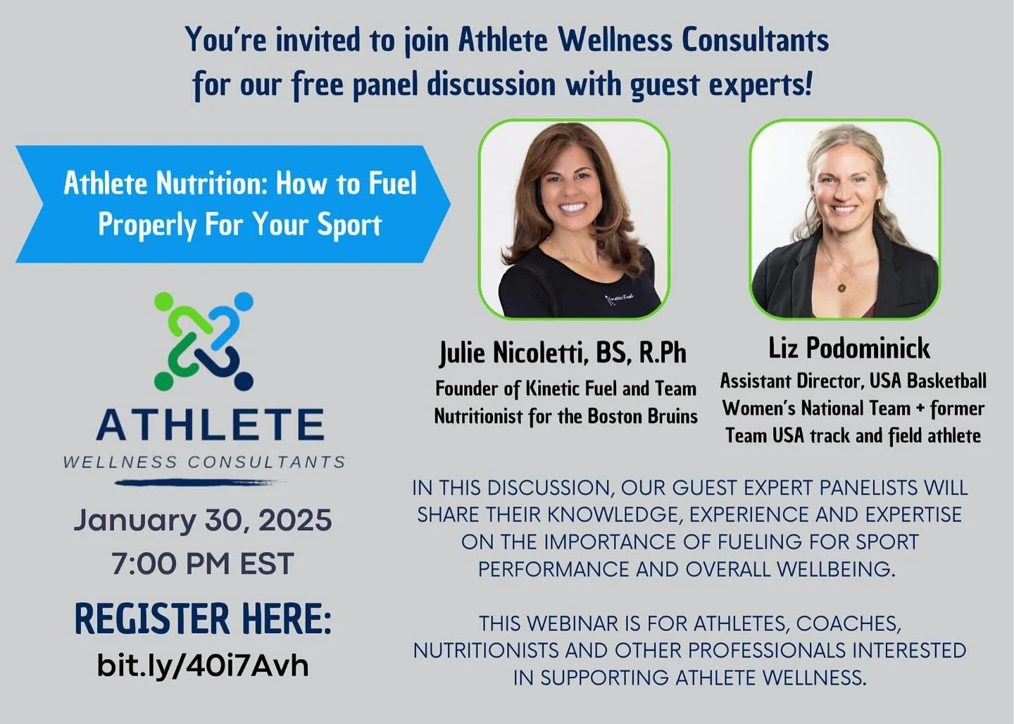 Thanks to Athlete Wellness Consultants, I&rsquo;m excited to be part of an upcoming panel  presentation with Liz Podominick, Assistant Director of USA Basketball and a former Olympic Track &amp; Field athlete. We will be chatting about fueling for yo