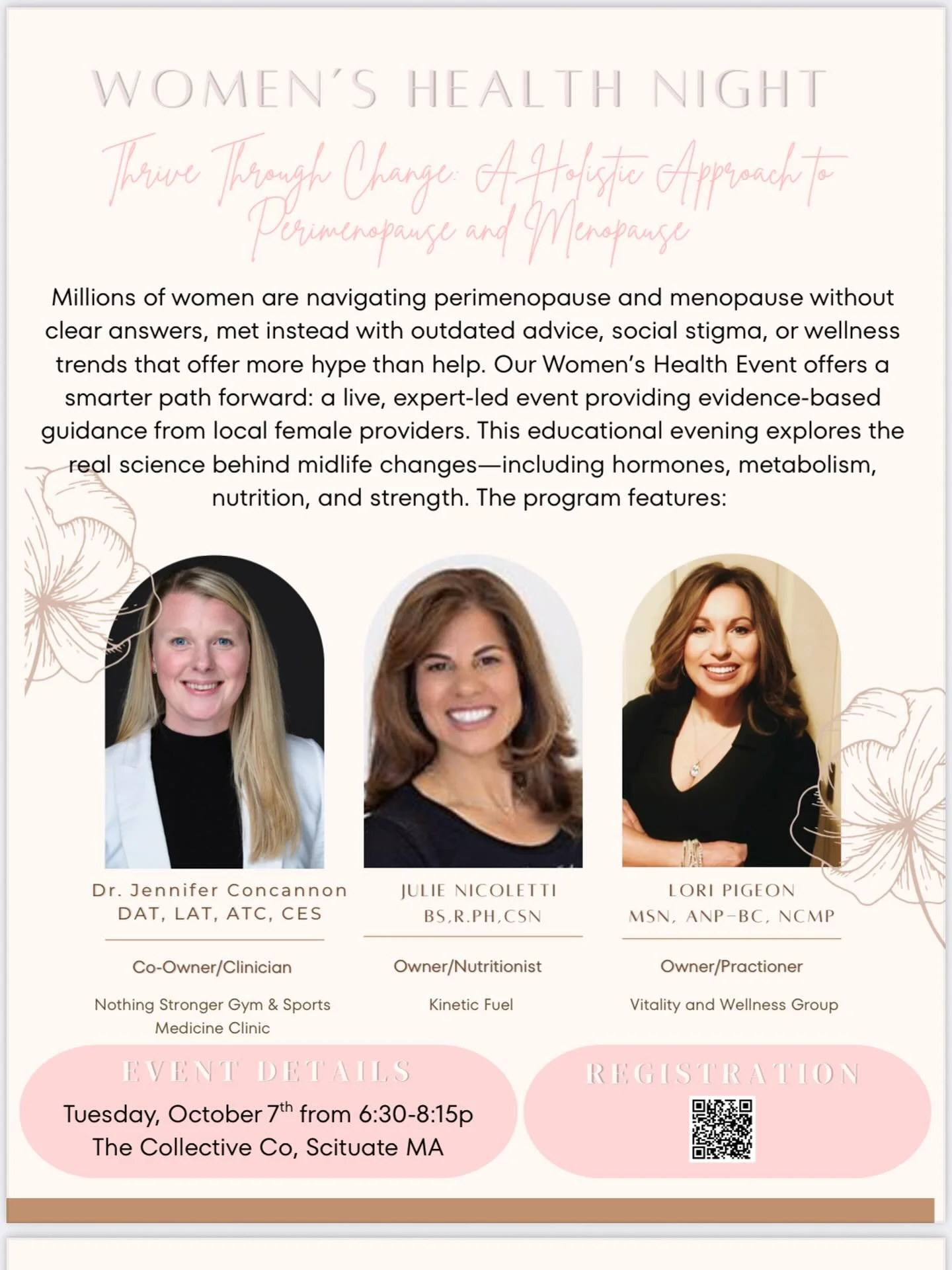 Thrive Through Change~Join us on Tuesday, 10/7, at 6:30 PM in Scituate, MA for an interactive presentation and conversation around women&rsquo;s health &amp; lifestyle optimization: hormones, metabolism, nutrition, strength and movement. We&rsquo;d l