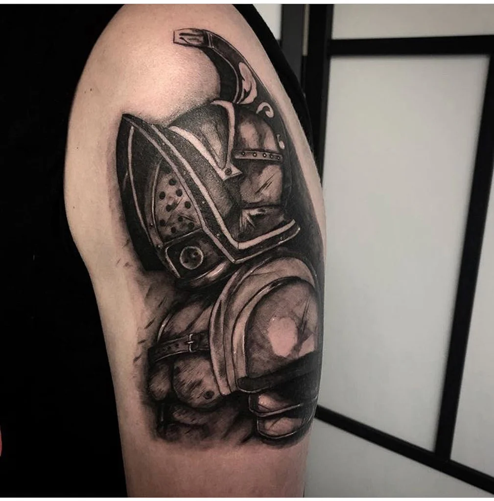 Custom Black Work Knight in Armor Tattoo by Gabriel Mondragon at Certified Tattoo Studios Denver Co .jpg