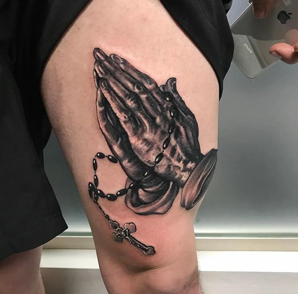 Custom Black and Grey Praying Hands and Rosery Tattoo by Greg Paquin at Certified Tattoo Studios Denver Co .jpg