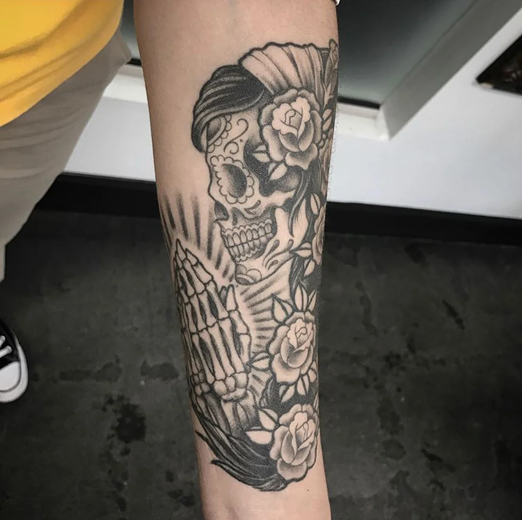 Custom Traditional Day of the Dead Skeleton with Roses Tattoo by Jon Hanna at Certified Tattoo Studios Denver Co .jpg