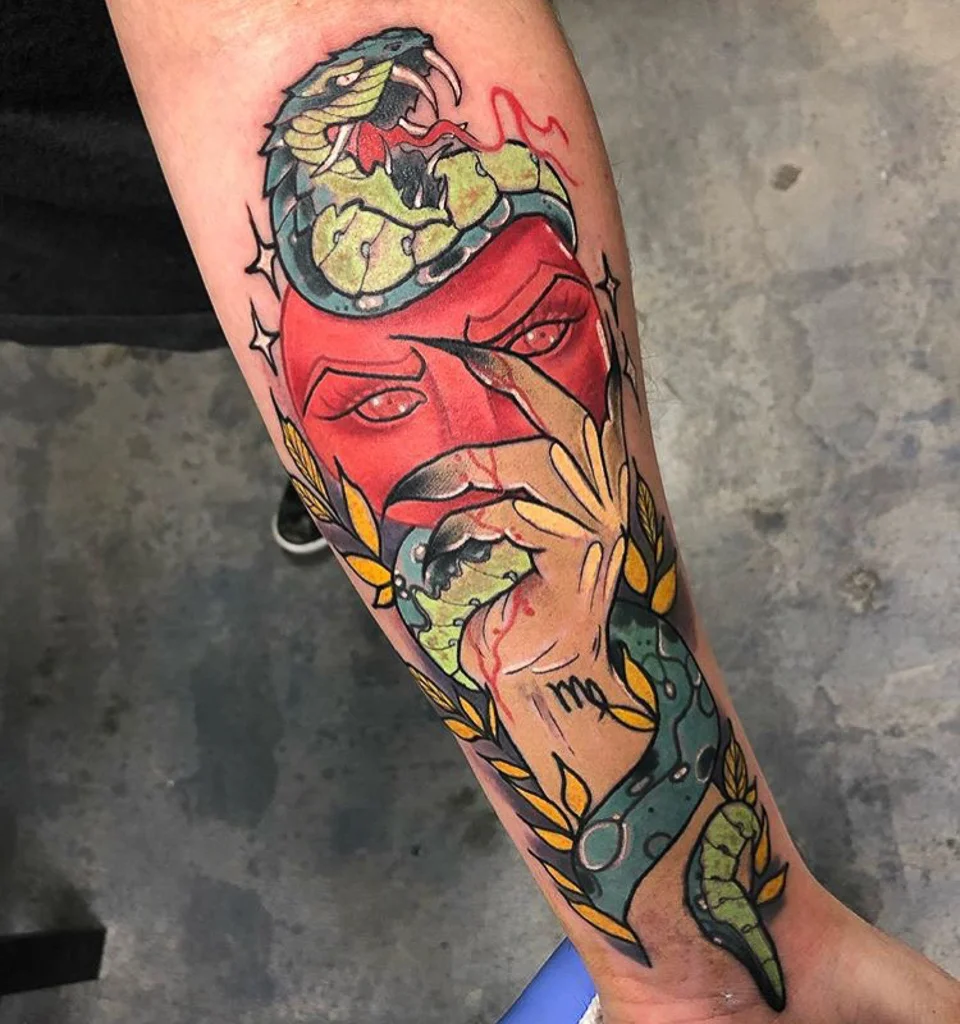 Custom Full Color Snake Wrapping around Hand and Mask Tattoo by Grime2 at Certified Tattoo Studios Denver Co.jpg