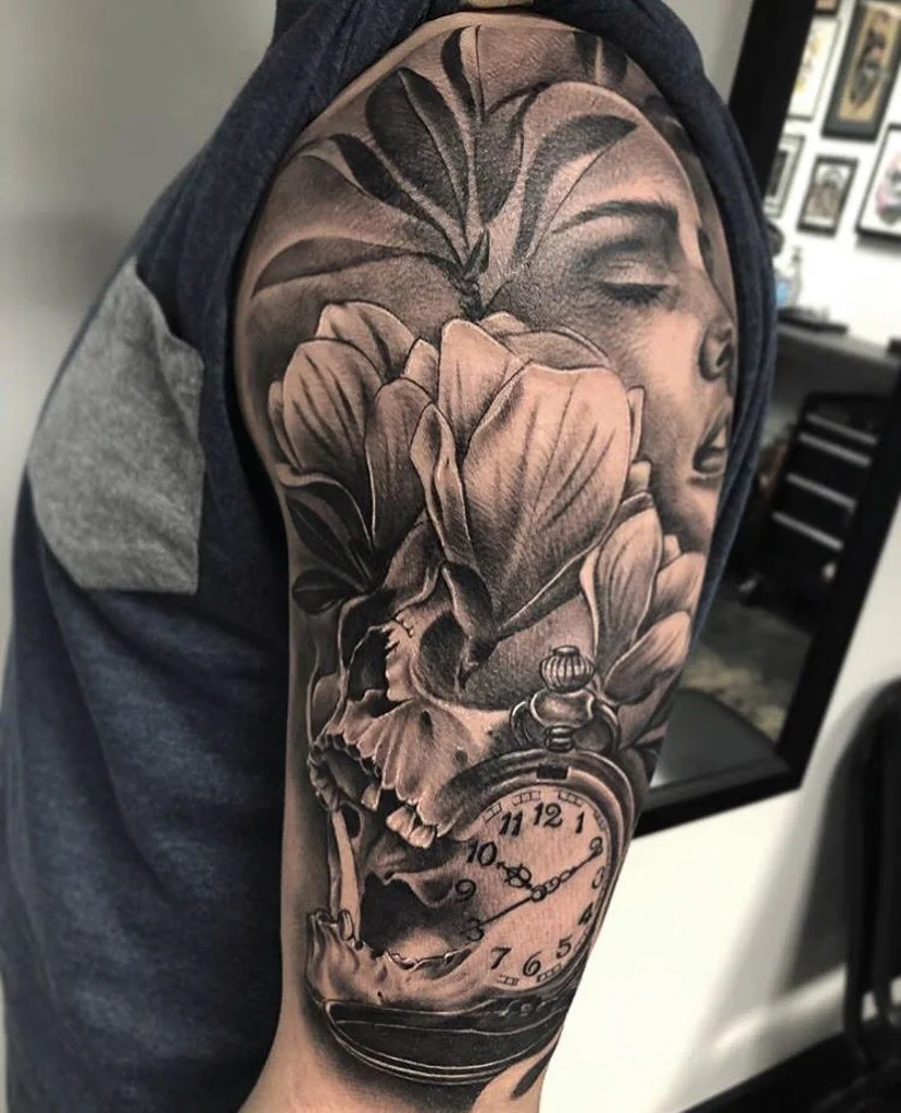 Custom Black and Gray Flowers Skull and Clock Tattoo by Ramon at Certified Tattoo Studios Denver Co-2.jpg