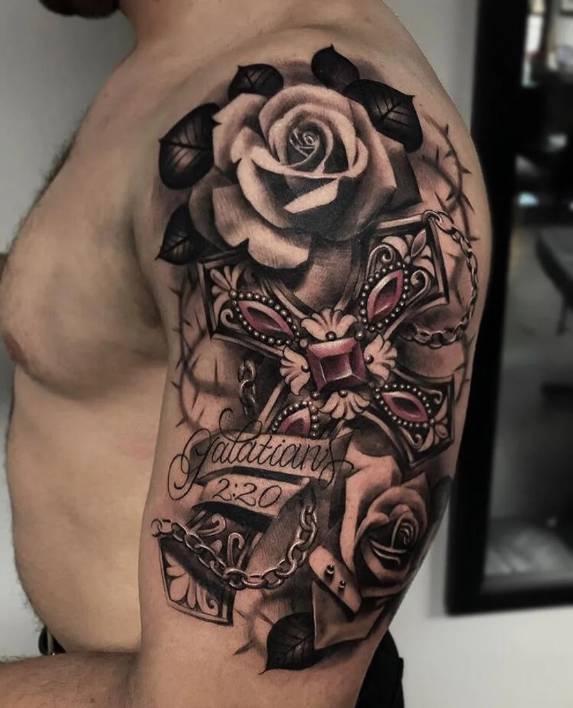 Custom Black and Grey Cross Thorns and Roses Tattoo by Bryan at Certified Tattoo Studios Denver Co.jpg