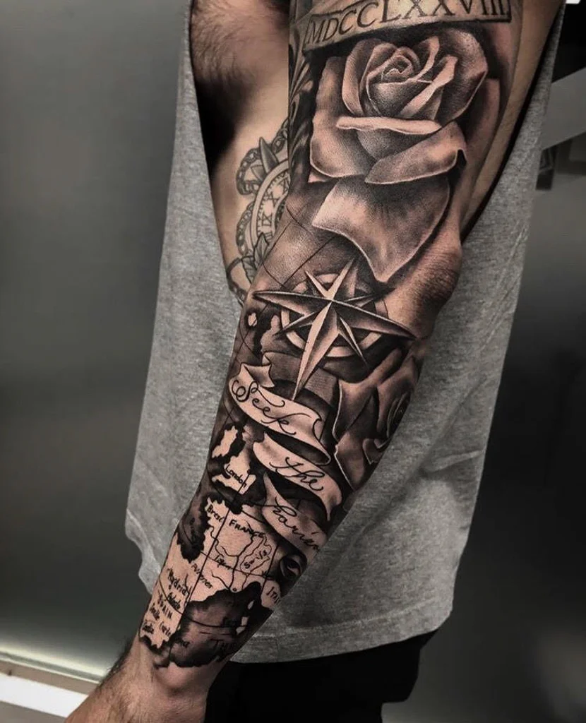Custom Black and Grey Rose Compass and France MapTattoo by at Certified Tattoo Studios Denver CO.jpg