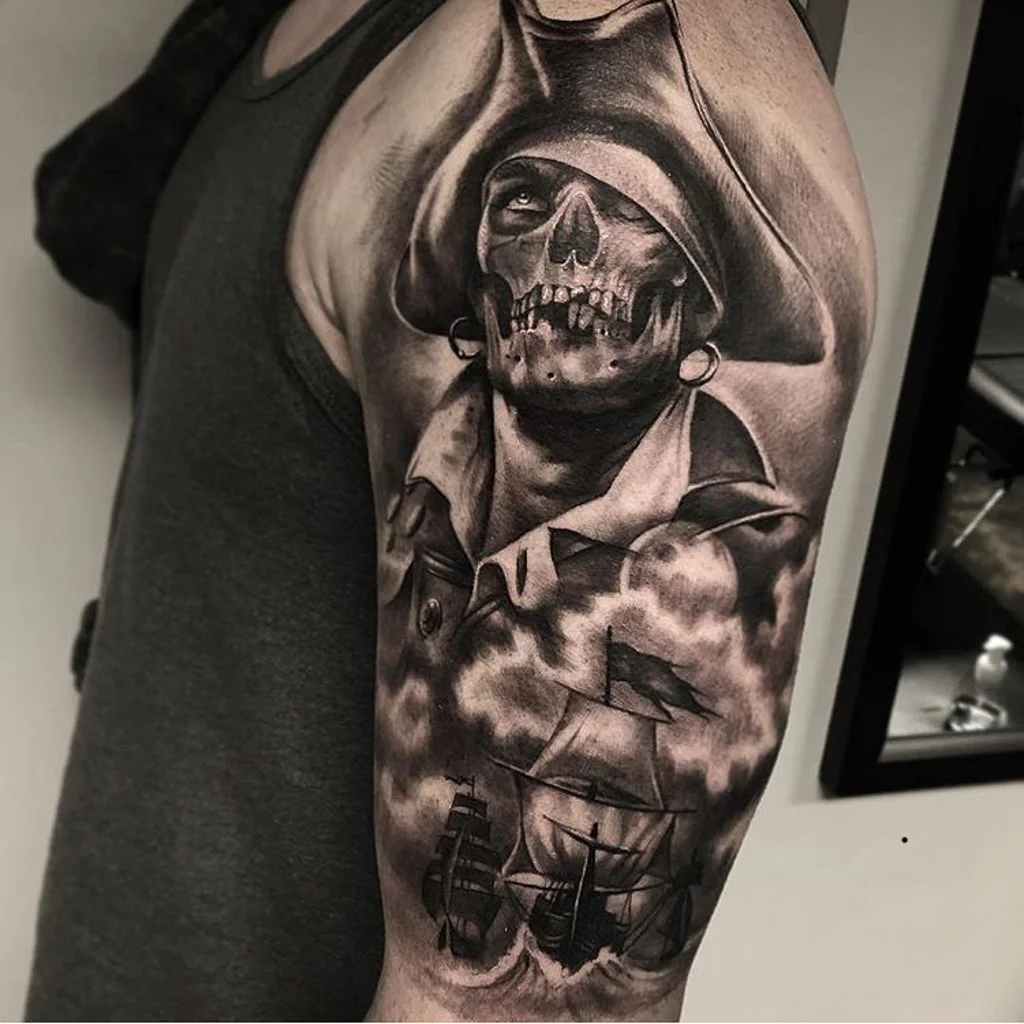 Custom Black and Grey Skeleton Pirate and Ship Tattoo by Bryan at Certified Tattoo Studios Denver CO.jpg