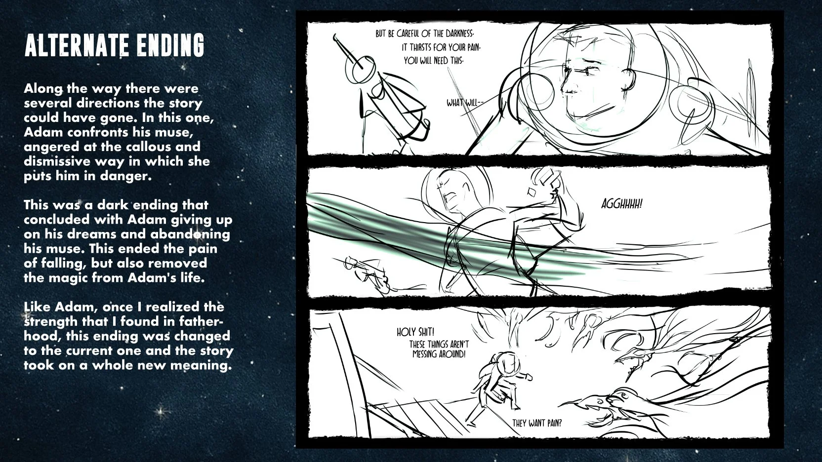  Along the way there were several directions the story could have gone. In this one, Adam confronts his muse, angered at the callous and dismissive way in which she puts him in danger.   This was a dark ending that concluded with Adam giving up on hi