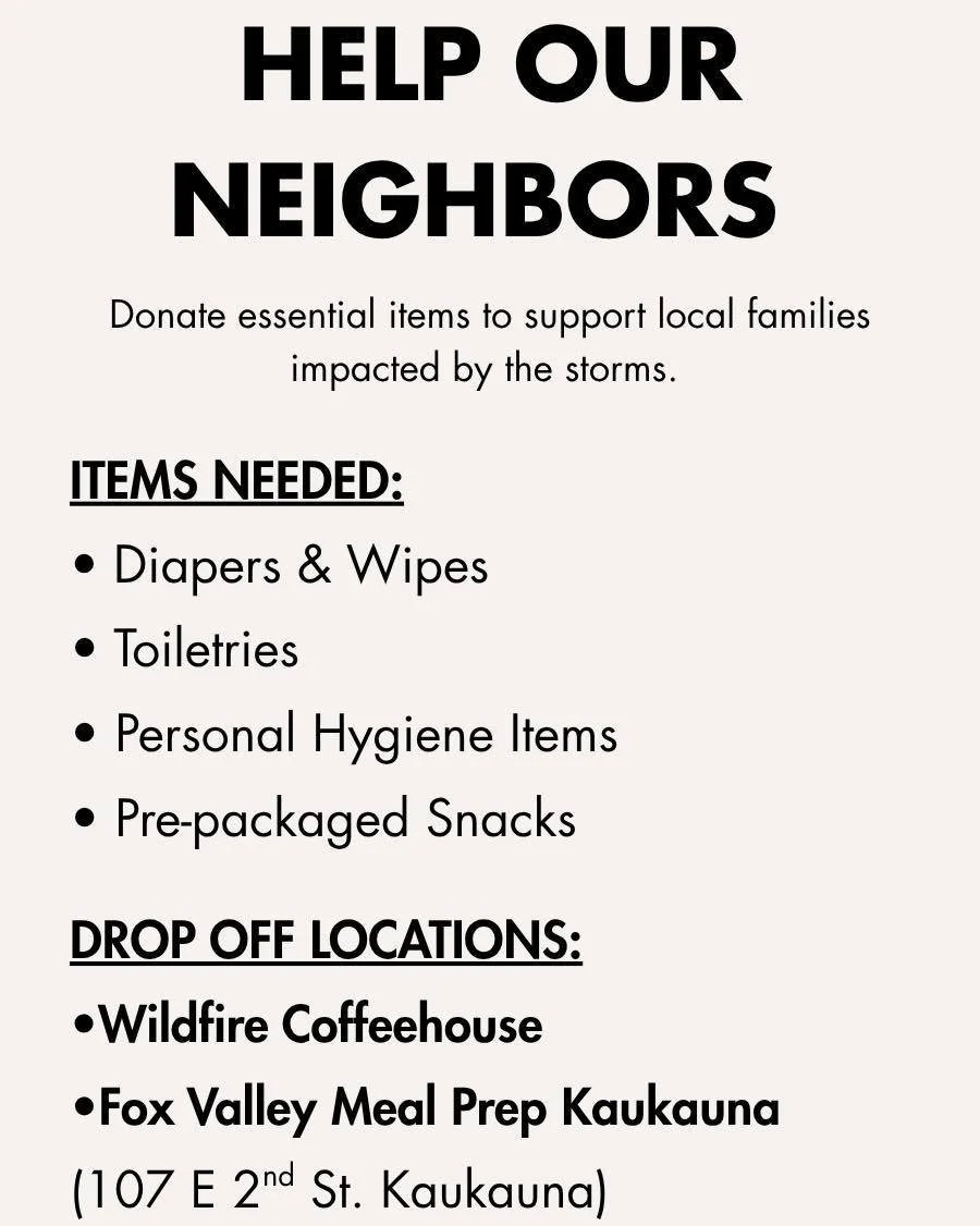 HELP OUR NEIGHBORS💙
Donate essential items to support local families impacted by the storms.

ITEMS NEEDED:
&bull; Diapers &amp; Wipes
&bull; Toiletries
&bull; Personal Hygiene Items
&bull; Pre-packaged Snacks

📦 DROP OFF LOCATIONS:
&bull; Wildfire
