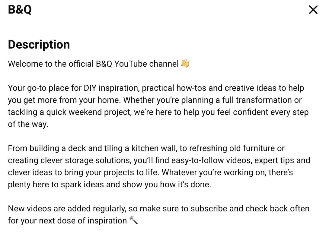 YouTube Channel Homepage example of channel bio