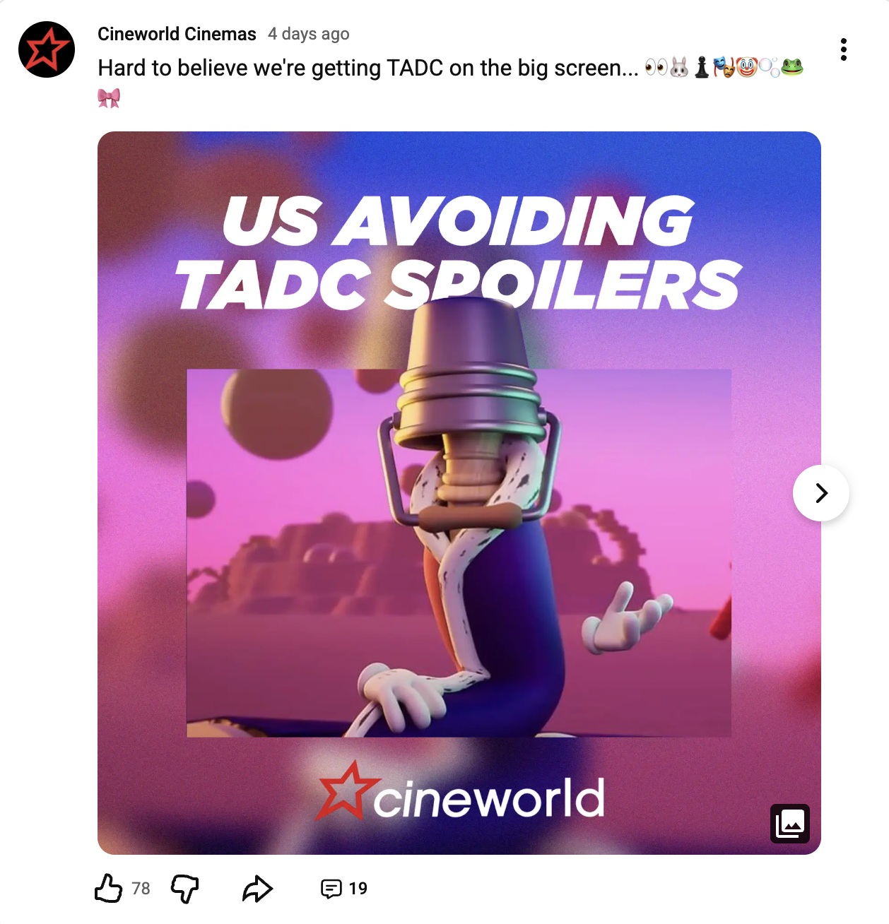Cineworld YouTube community post TADC
