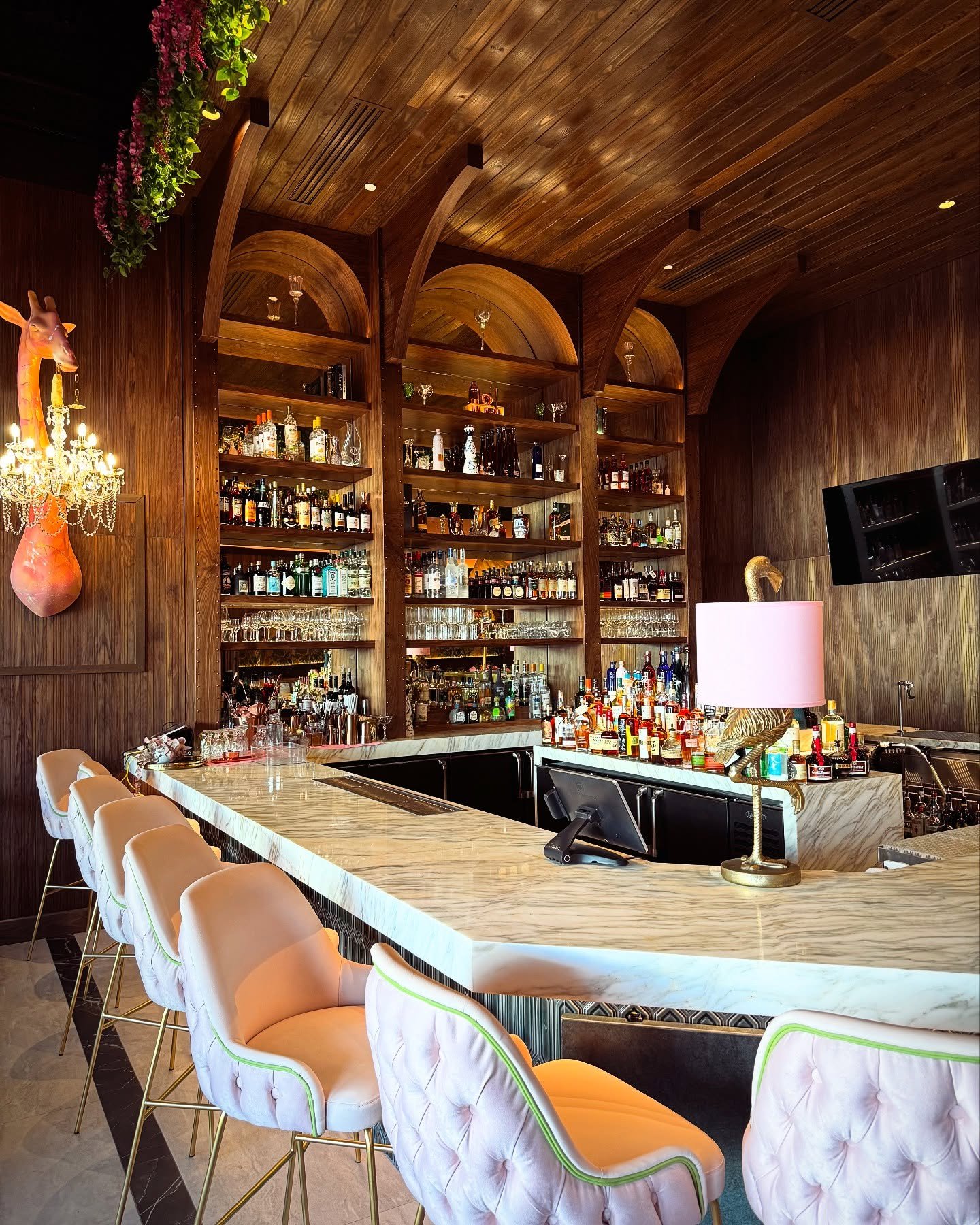 we like our steaks pink and our back bars made of walnut⁣
⁣
// With delicate walnut arched headers and brass details, our back bar @pinksteakwpb includes open shelving and uplit tiered bottle waterfalls to beautifully illuminate the many choices avai