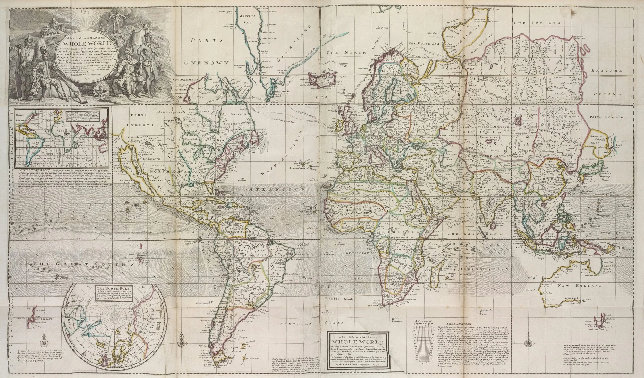 Carte ancienne du monde montrant l'Europe, l'Asie, l'Afrique, l'Amérique du Nord et l'Amérique du Sud, avec des détails géographiques et des annotations en anglais.