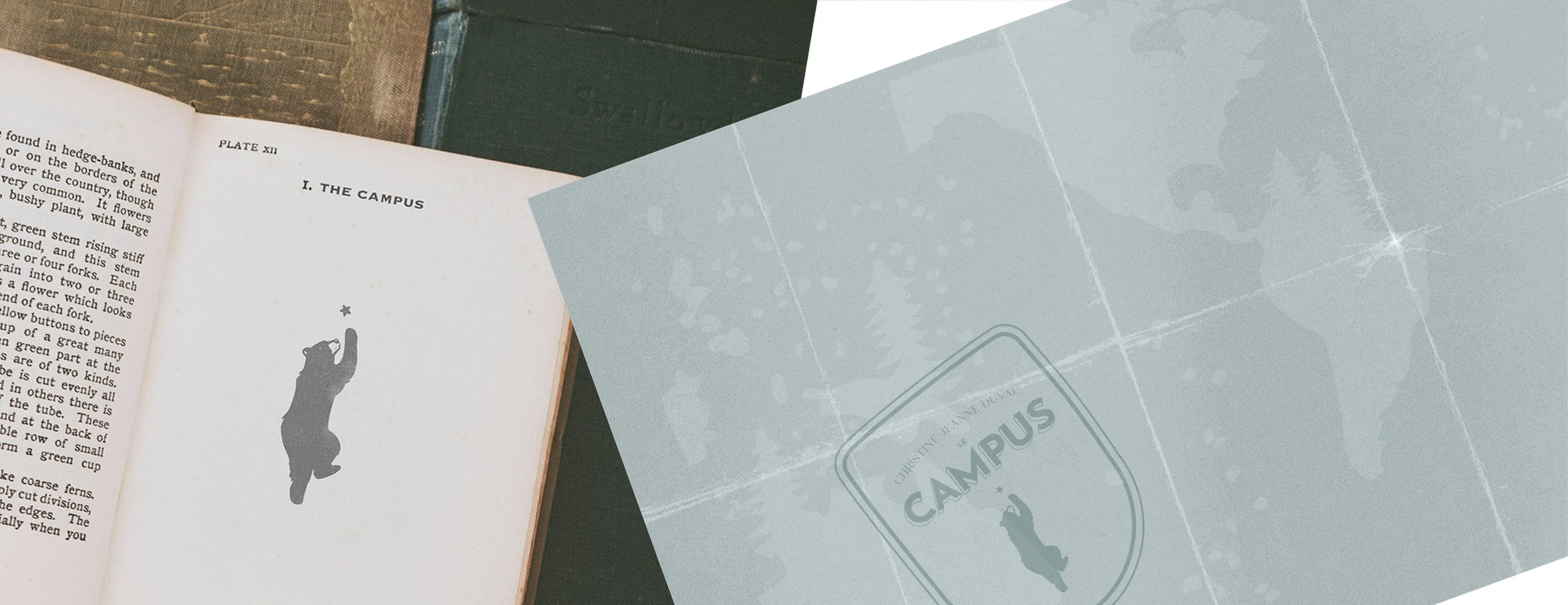 Page d'un livre ouvert avec un titre 'I. THE CAMPUS' et une illustration d'un chien sautant, à côté d'une enveloppe ou menu avec le texte 'LE CAMPUS' et une silhouette de chien sautant.