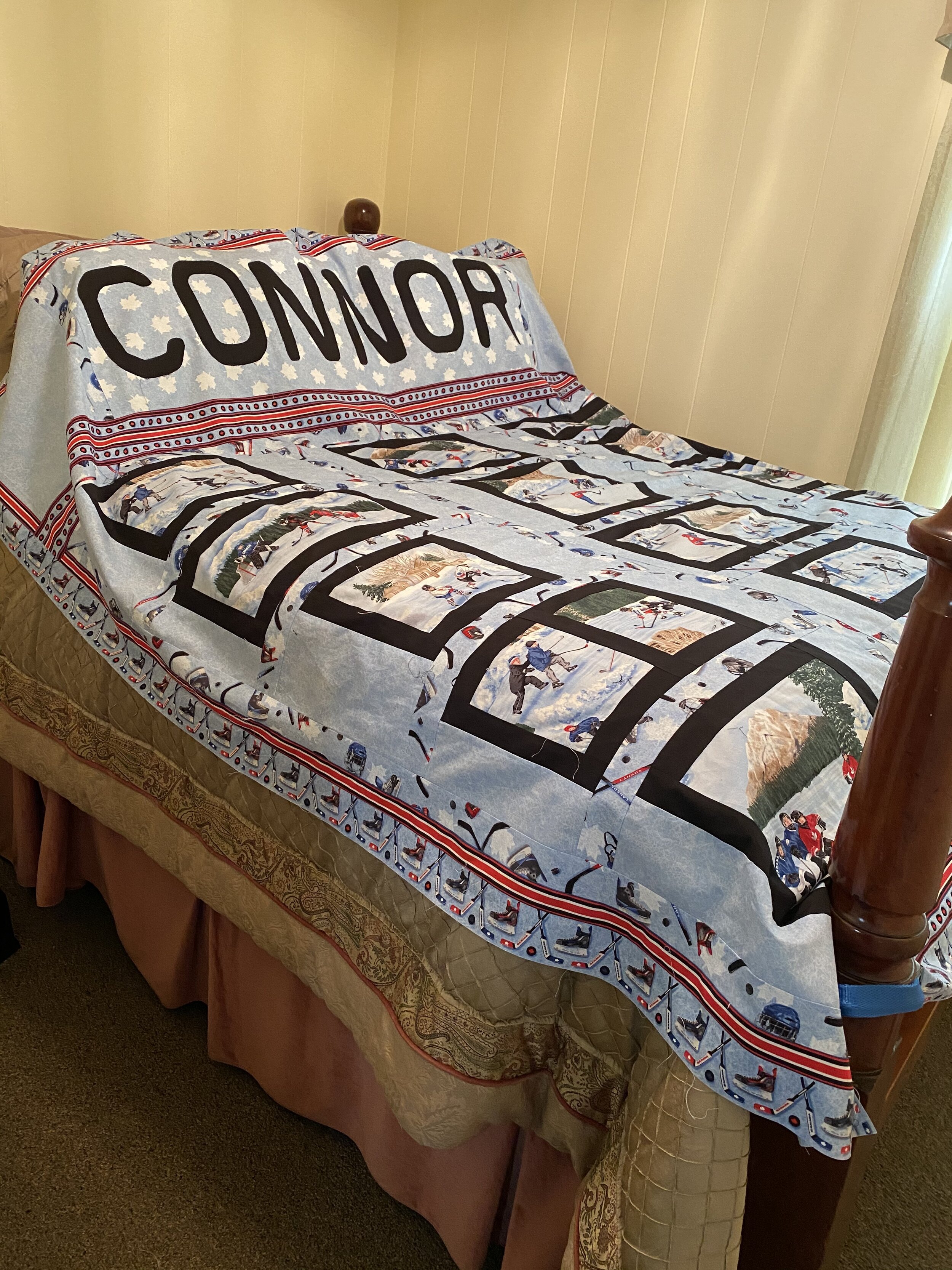  I finally finished this quilt for my grandson who is a hockey player. I started this at the first Towpath retreat. Cathy D 