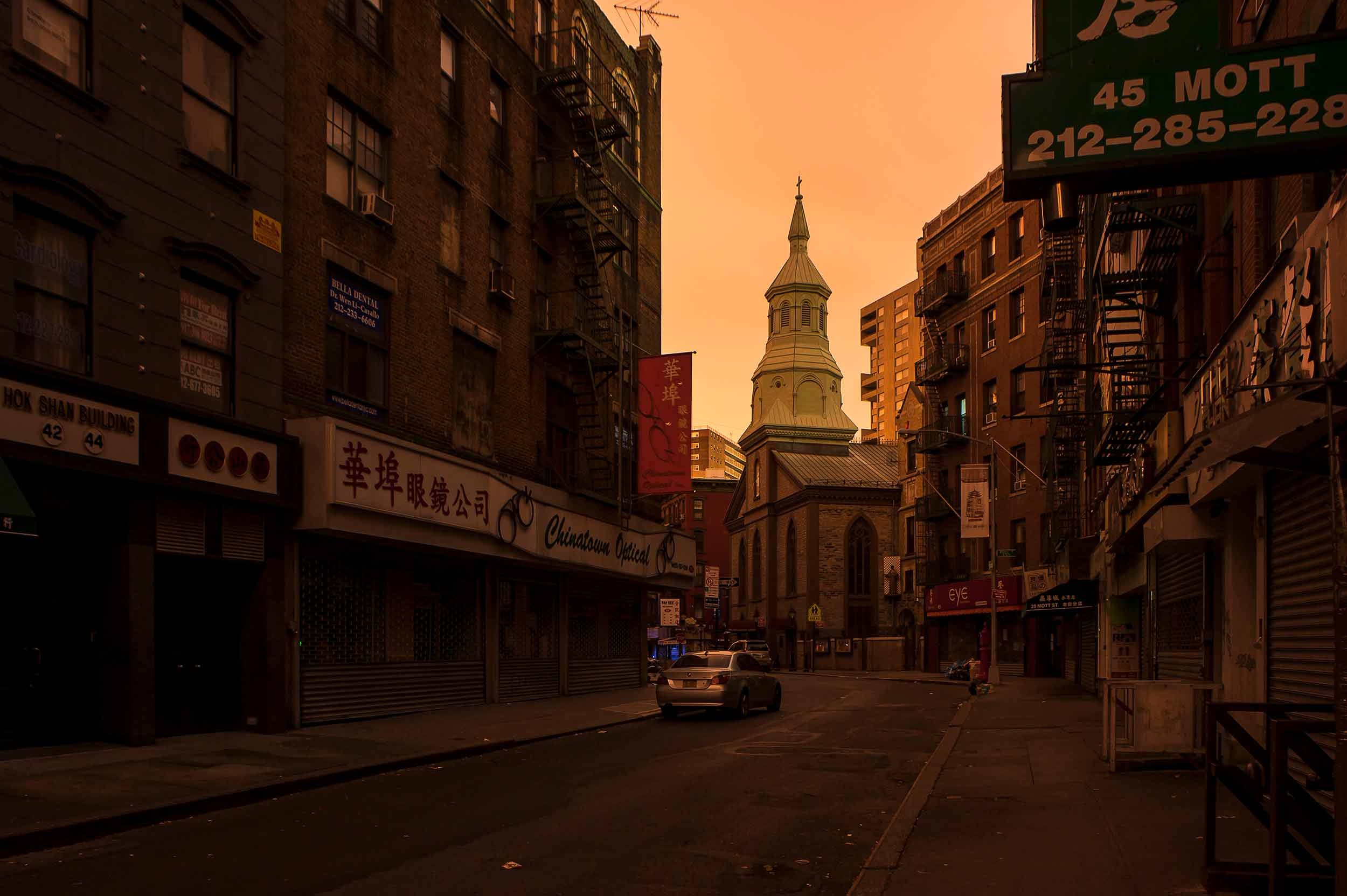 An 88-second exposure captures Mott Street near Pell Street