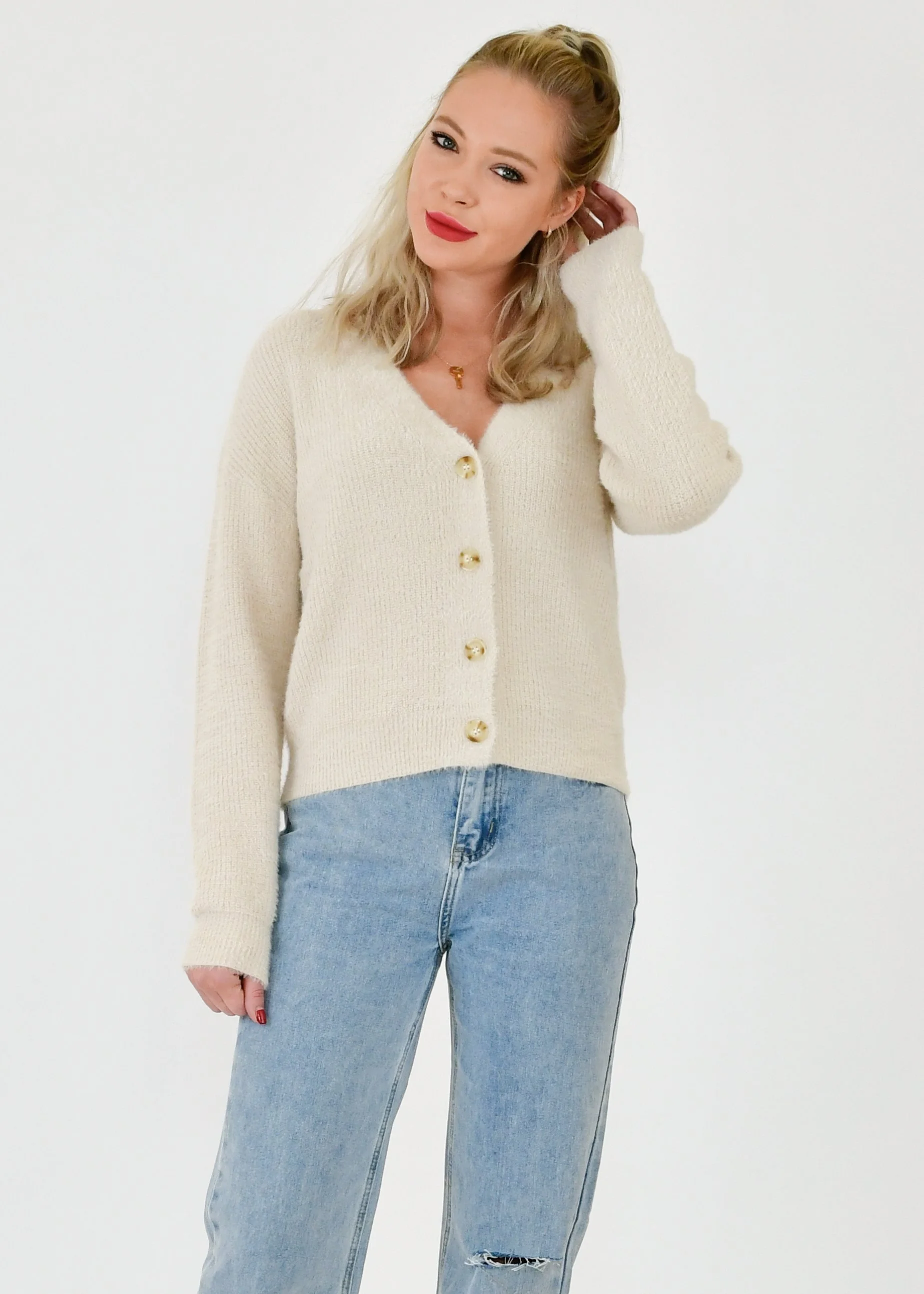 Fuzzy Button Cardigan — 2bella Boutique