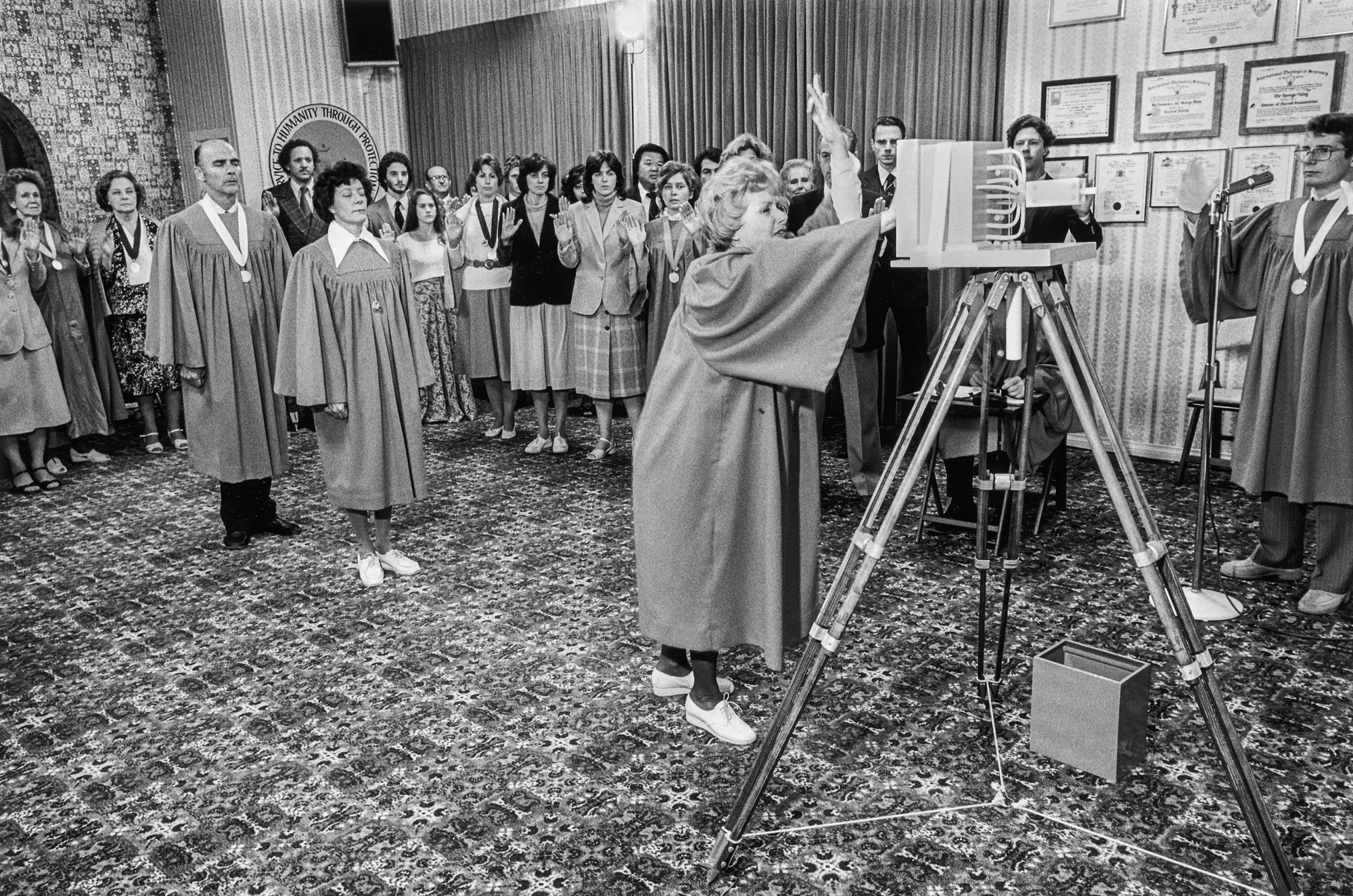 Members of The Aetherius Society charging a Spiritual Battery to placed on hillsides where the stored energy will be directed by orbiting aliens to defeat catastrophic events around the world. Los Angeles, California, 1980.