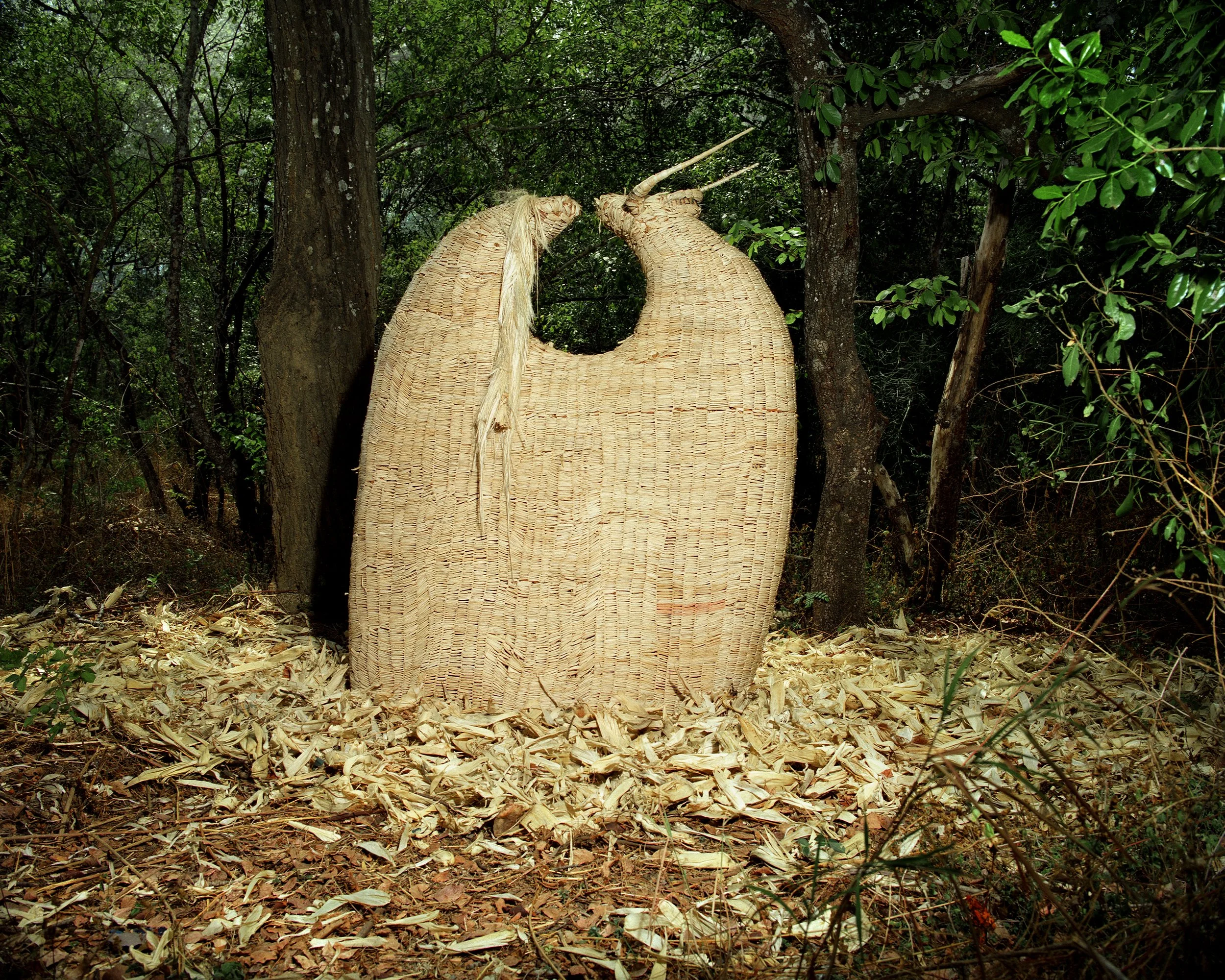 "Kasiyamaliro" / 'the one who accompanies the deceased to the graveyard'  Kasiyamaliro is a large basket-woven structure, a stylized roan antelope, the symbol of life and bounty.  The curved, looping back is a symbolic womb, the embodiment of life.  