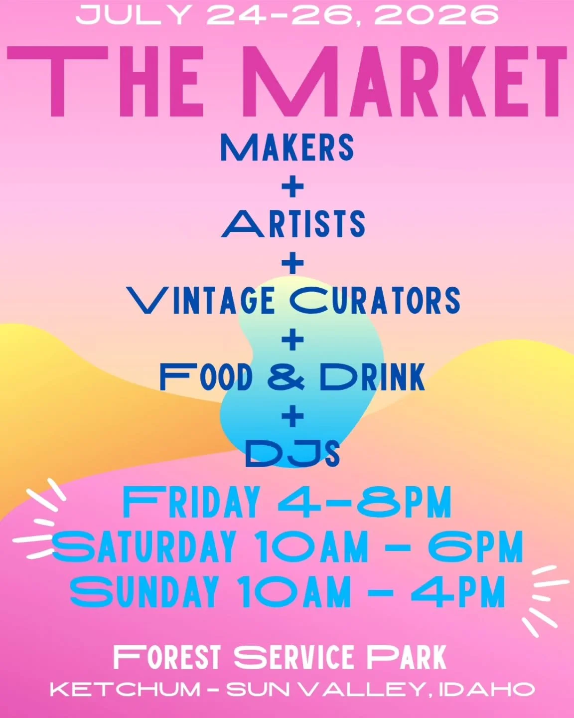 Save the Date. July 24-26, 2026, Ketchum-Sun Valley, Idaho. Three days celebrating the Art of Craft from makers to food to DJs.

More information on jow apply, volunteering, and aligning your brand with The Market at themarketidaho.com 

@themarket_i