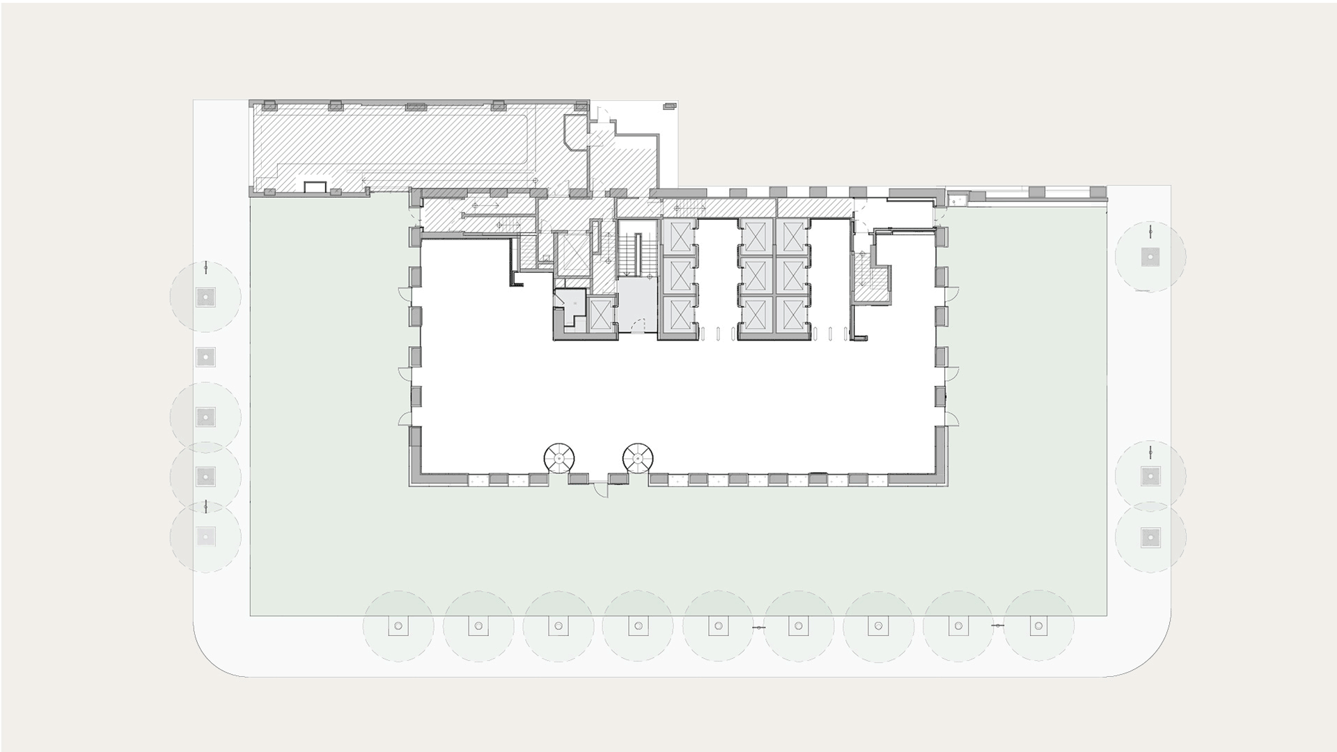  The client was in need of a more welcoming lobby experience for the duration of construction. I designed a space that gradually introduces the vision of The Gardens from the entry exterior through reception and into the elevator lobbies. A lush patt