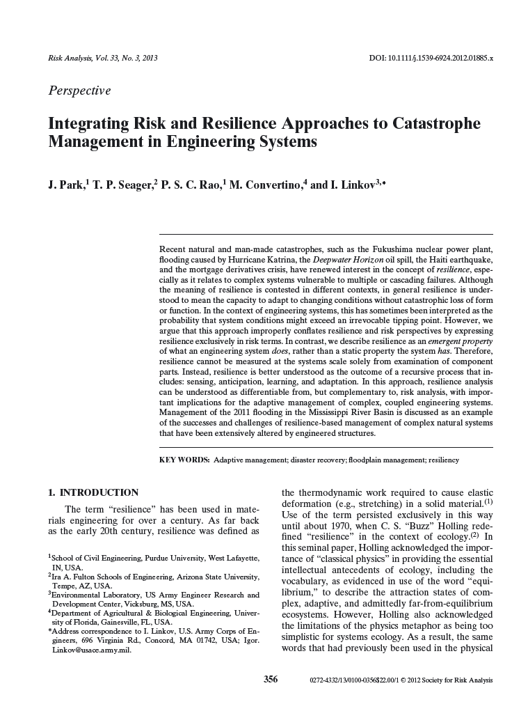 Integrating Risk and Resilience Approaches to Catastrophe Management in Engineering Systems