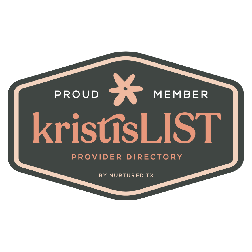 dark green badge with the words “proud member kristi’s list provider directory by nurtured tx”. Nurtured TX is a perinatal mental health resource.