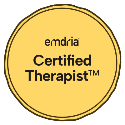 EMDRIA certified therapist badge. Yellow circle with black writing.