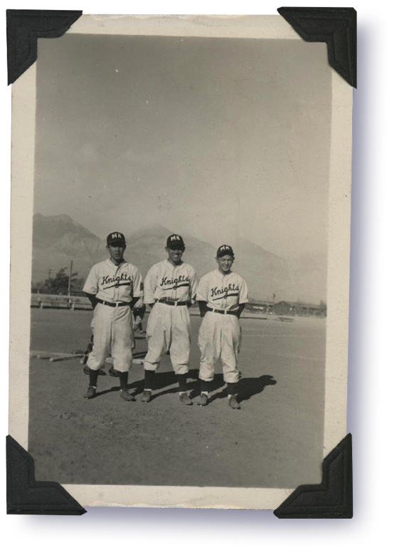 Three ManzaKnights Baseball players. Courtesy of Manzanar National Historic Site and the Rosie Maruki Kauuchi Collection.