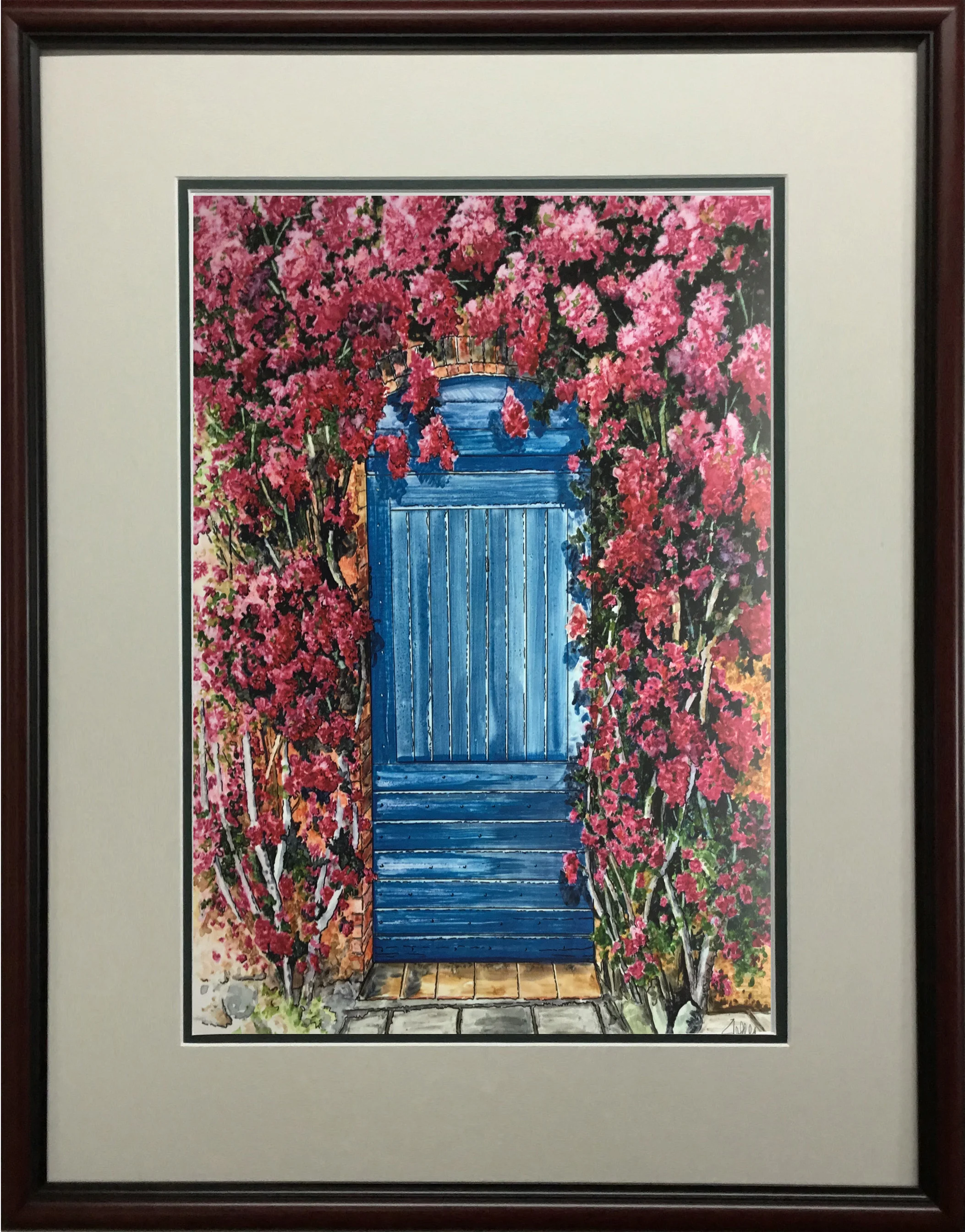 Blue Door with Pink Wisteria FRAMED.jpg