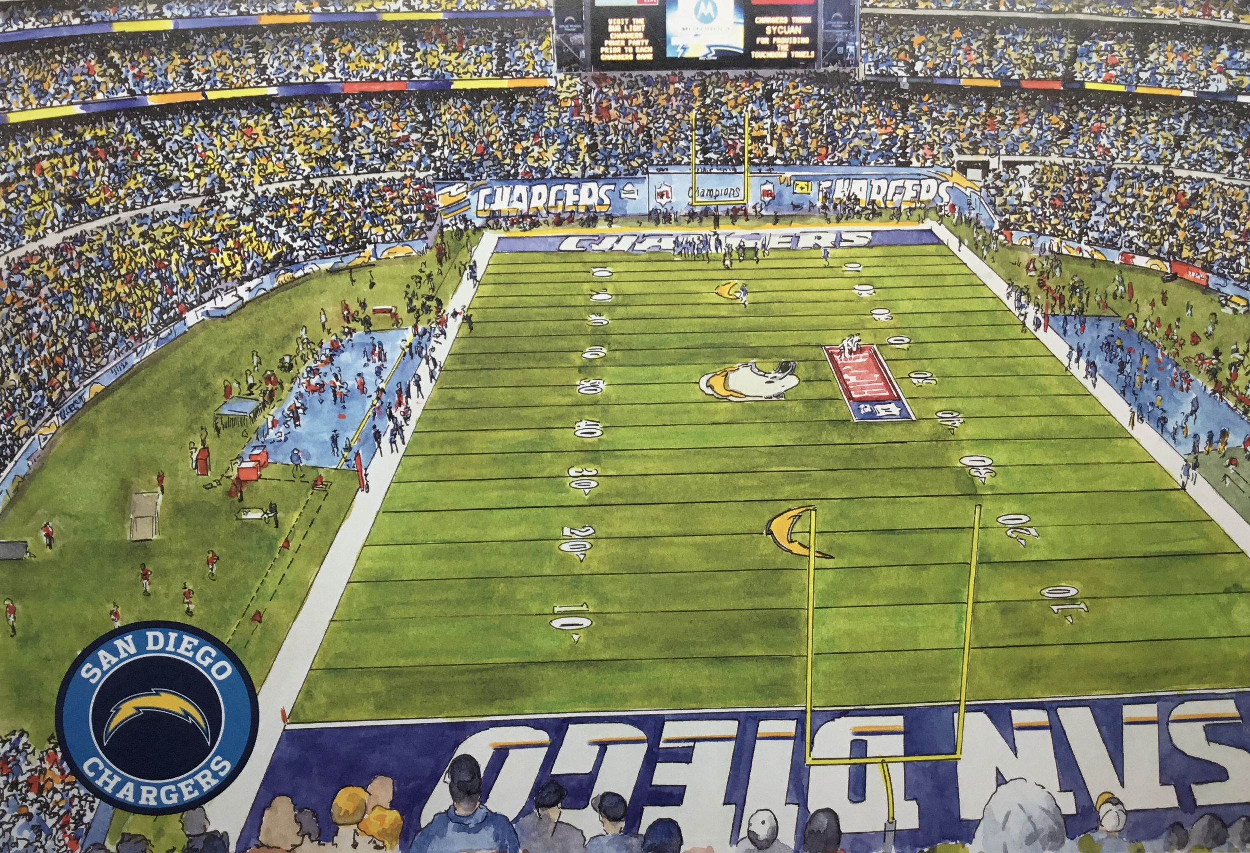 San Diego Chargers LIMITED EDITION Pen and Ink and Watercolor Art Print by  John Stoeckley — Reflections