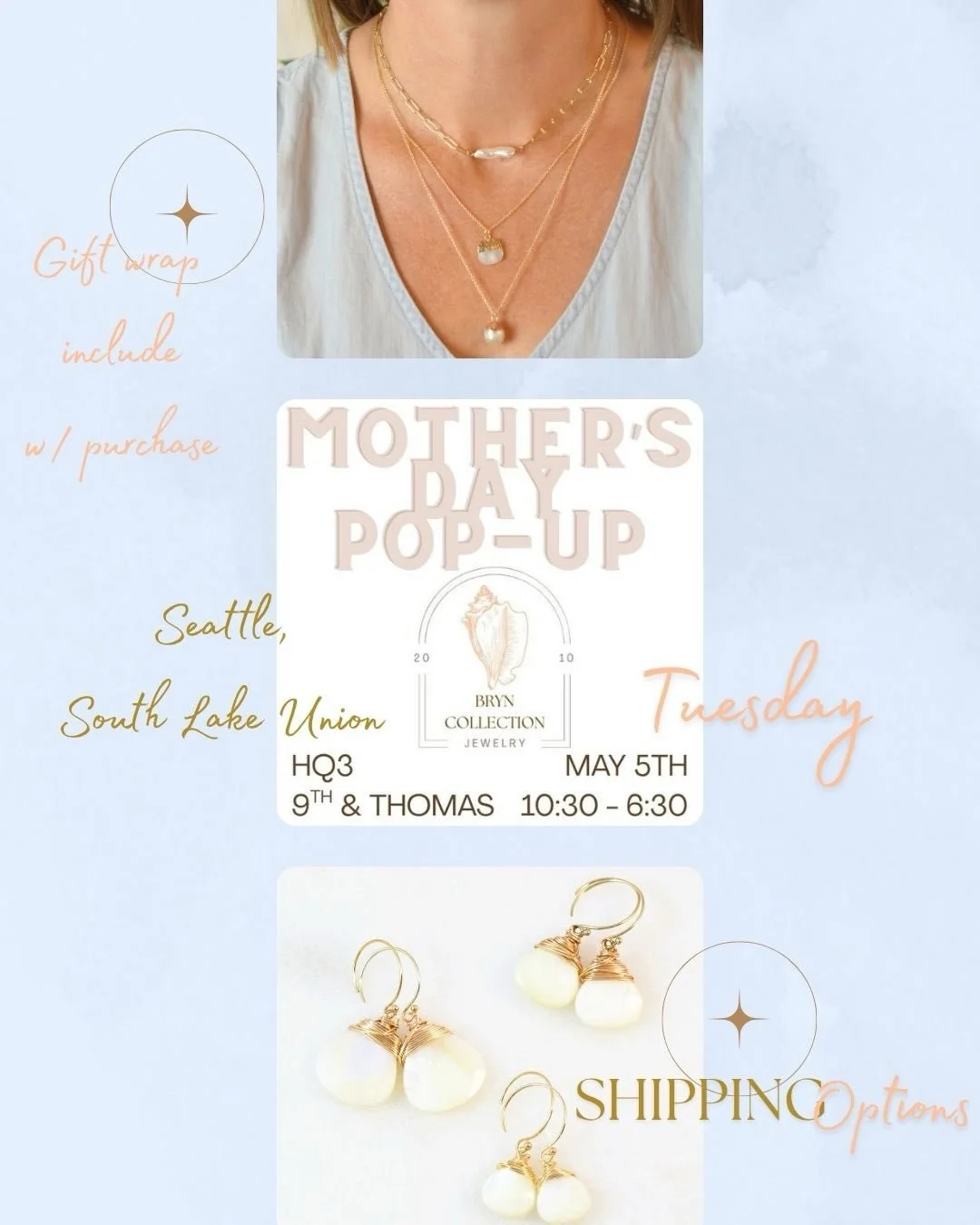 @bryn_collection_jewelry is popping up at HQ3 this Tues, May 5th from 10:30am - 6:30pm with wearable pieces of art, a perfect Mother&rsquo;s Day gift for Sunday! 🐚 ✨