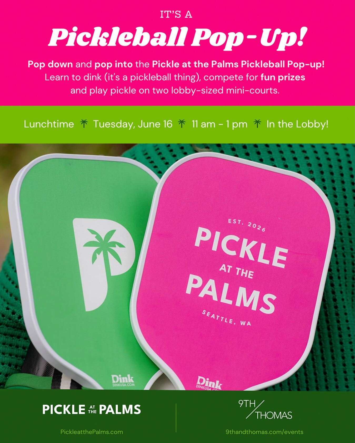 Pickleball Pop-Up 🏓 9th &amp; Thomas is partnering with @pickleatthepalms to bring #pickleball to South Lake Union. Try your hand at dink-size pickleball on Tuesday, June 16th from 11am - 1pm in the 9T lobby for free! 

Pickle at the Palms is a bran