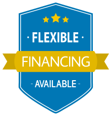 Blue shield badge with yellow stars at the top, text says "Flexible Financing Available" with a yellow ribbon across the middle.