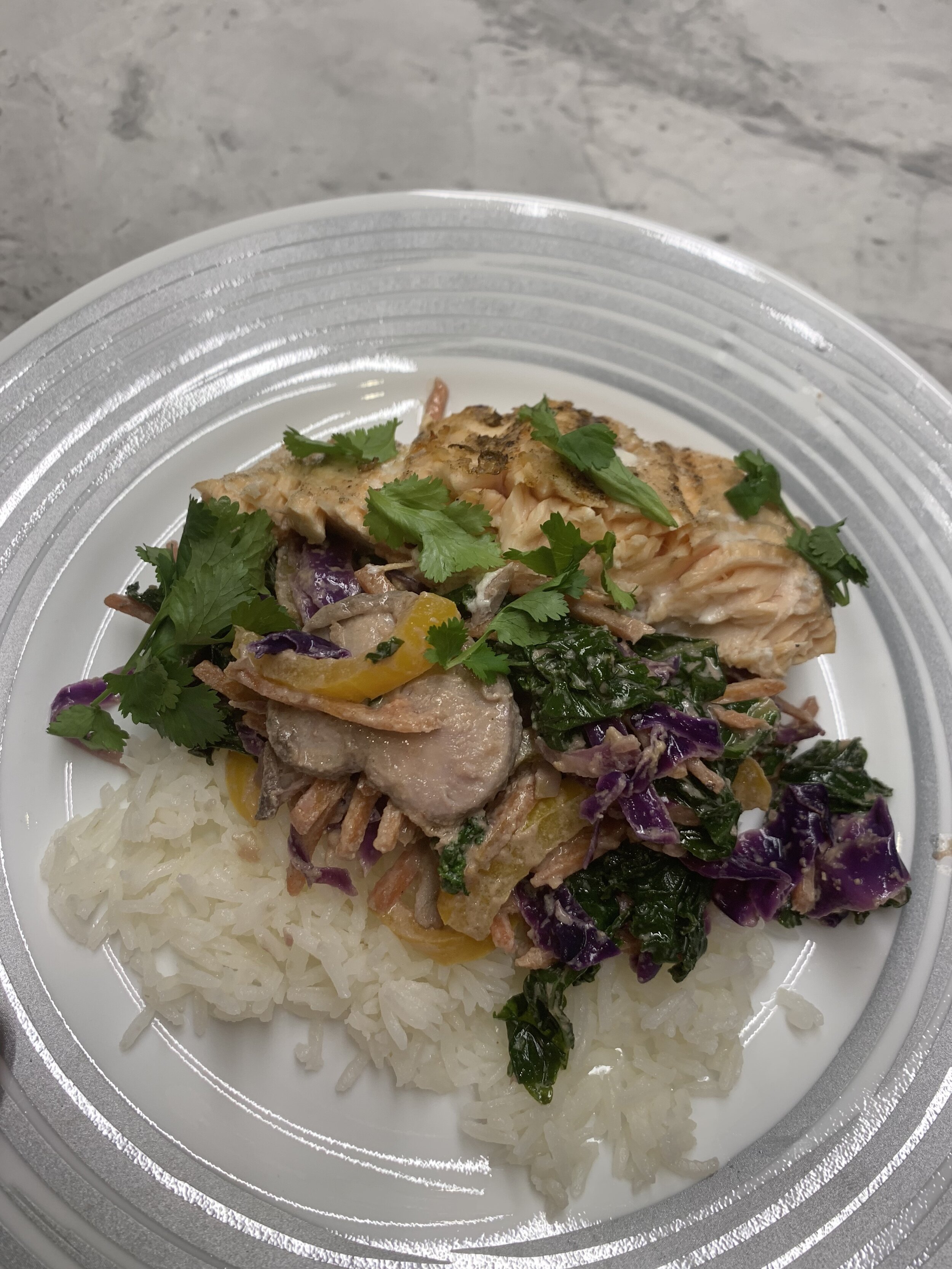 Salmon with Tahini Stir-Fry over Basmati Rice