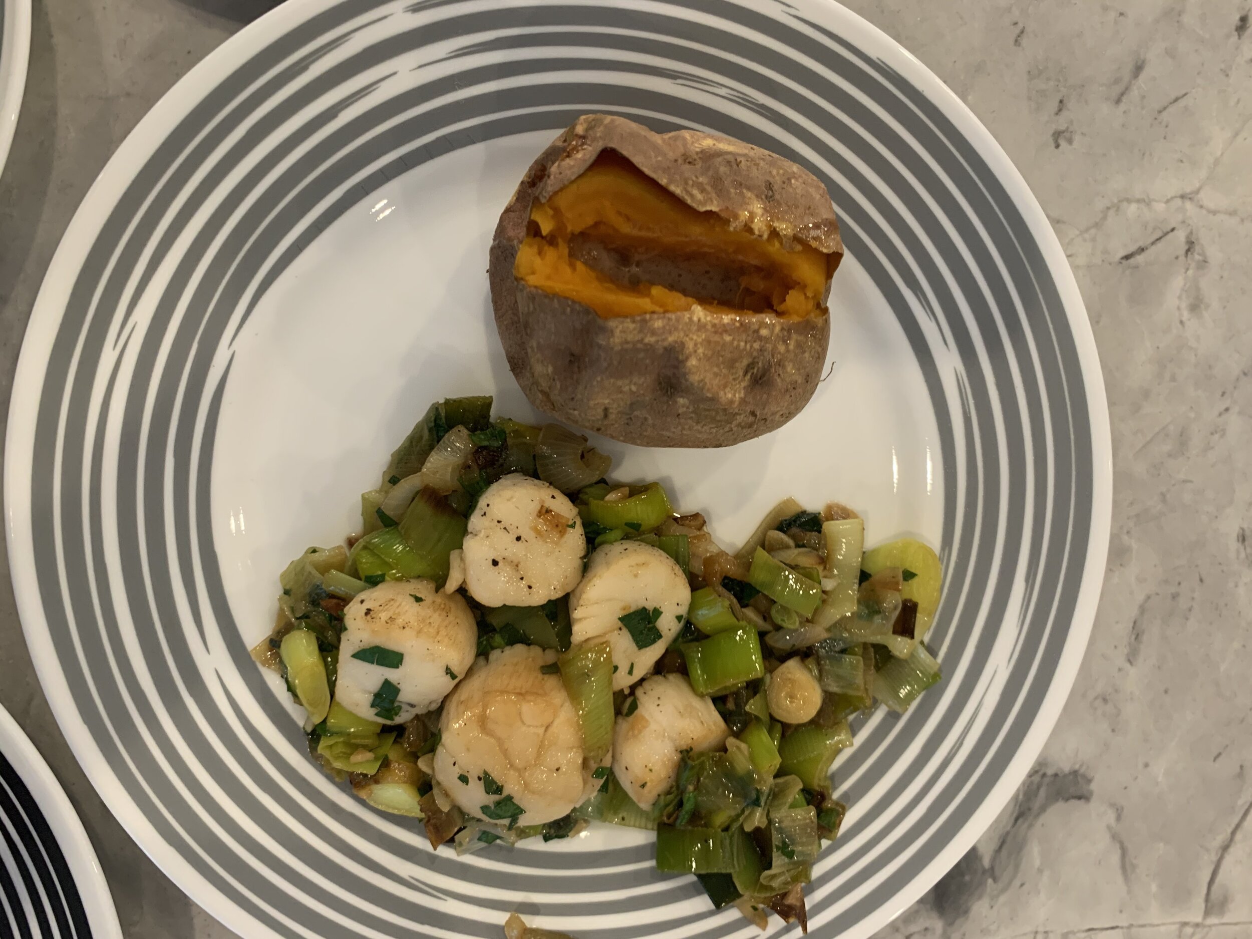 Scallops with Leeks and Baked Sweet Potatoes 