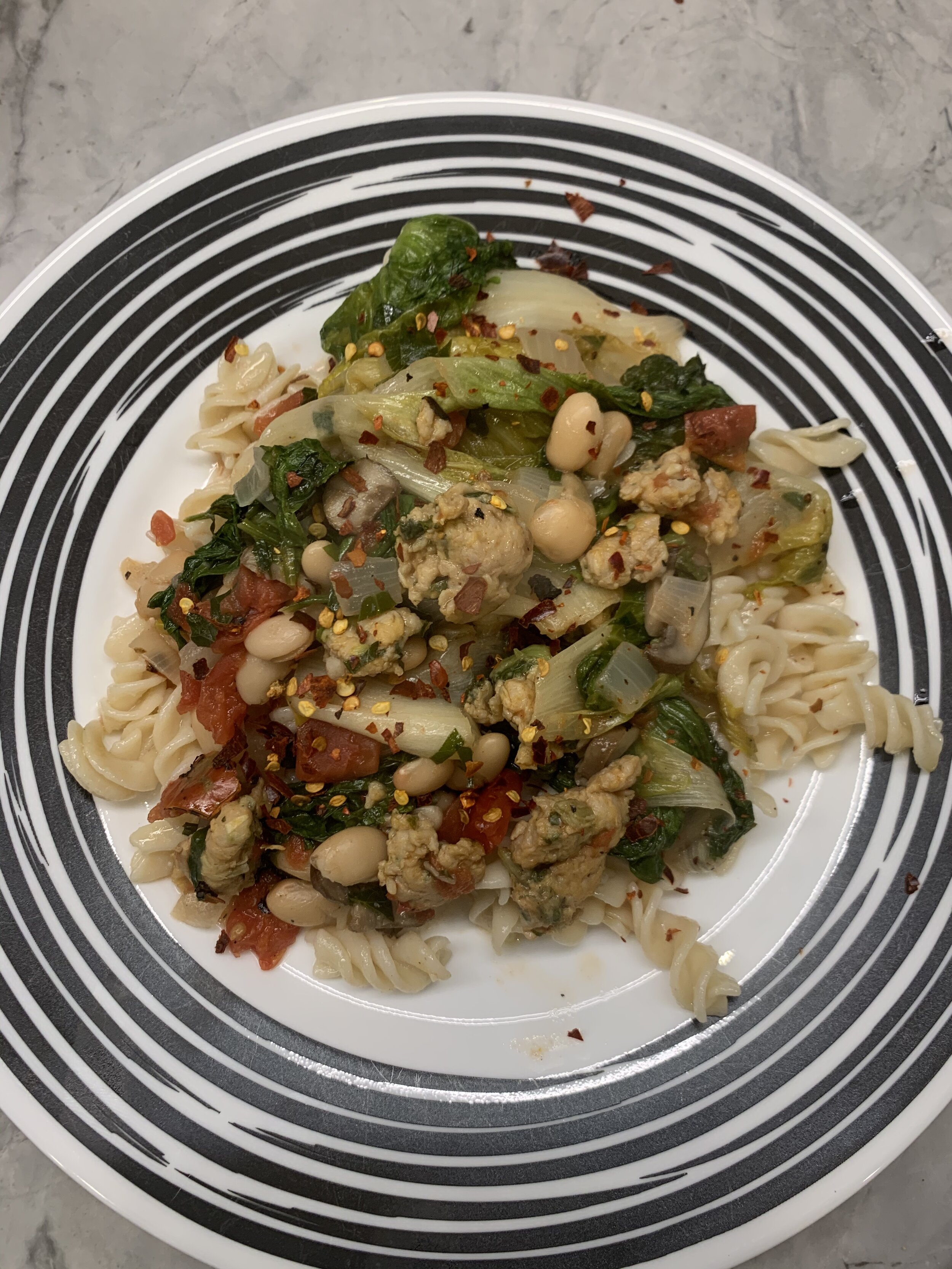 Chicken Sausage with Mushrooms, Escarole and Cannellini Beans