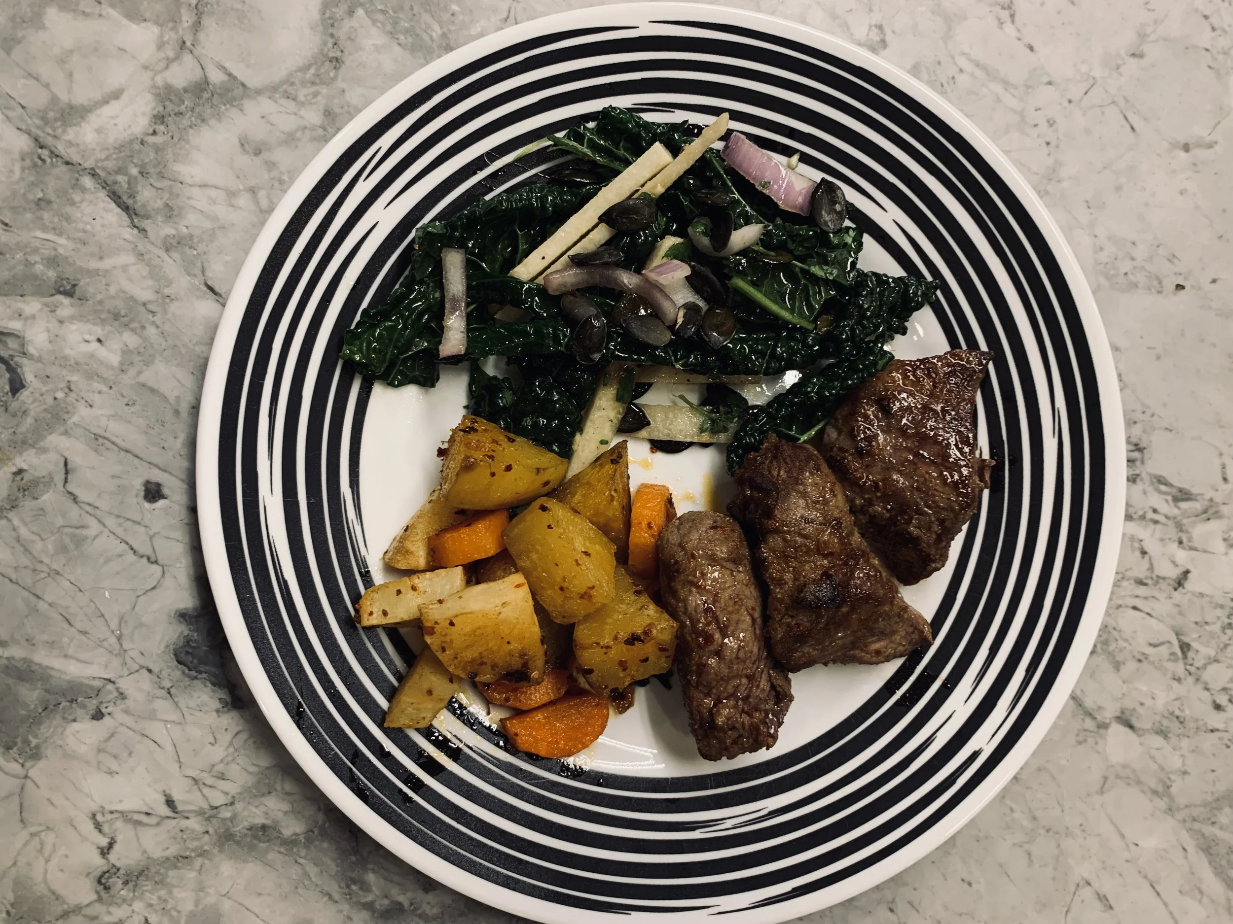 Seasoned Steak Tips with Roasted Root Veggies and Jimaca Salad 