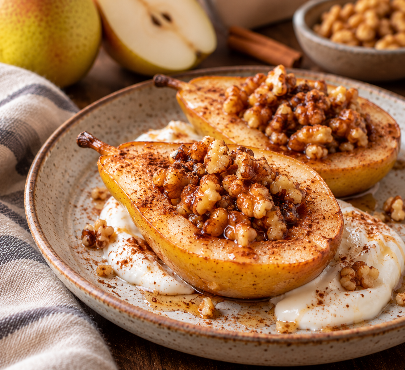 Warm Cinnamon Pears with Greek Yogurt &amp; Walnuts
