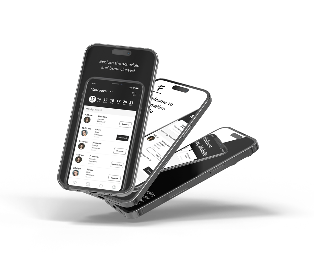 Three smartphone screens displaying a scheduling app with class bookings and navigation menu.