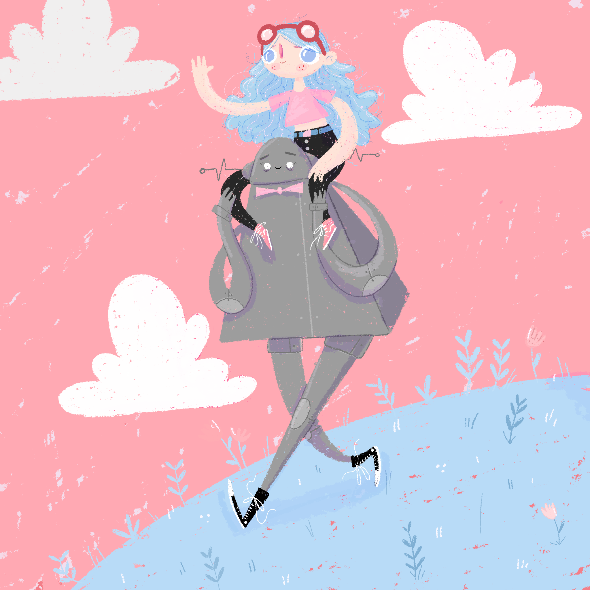A girl with blue hair, wearing pink sunglasses, a pink crop top, black shorts, and a gray jacket, riding a large gray snake with a happy face on a pink background with white clouds and small plants.