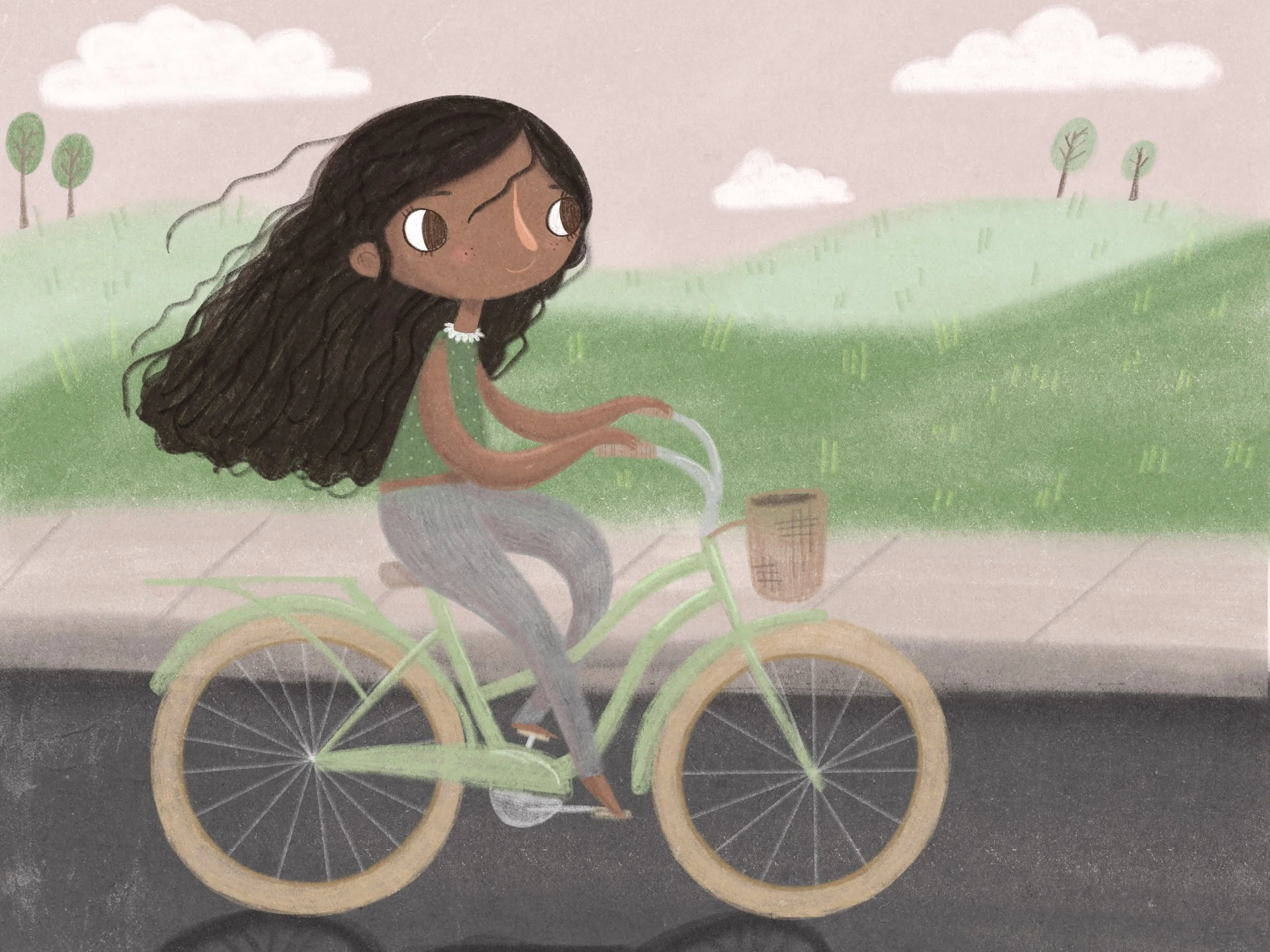 Animated girl with long dark hair riding a light green bicycle on a pathway, with green grassy hills, trees, and clouds in the sky in the background.