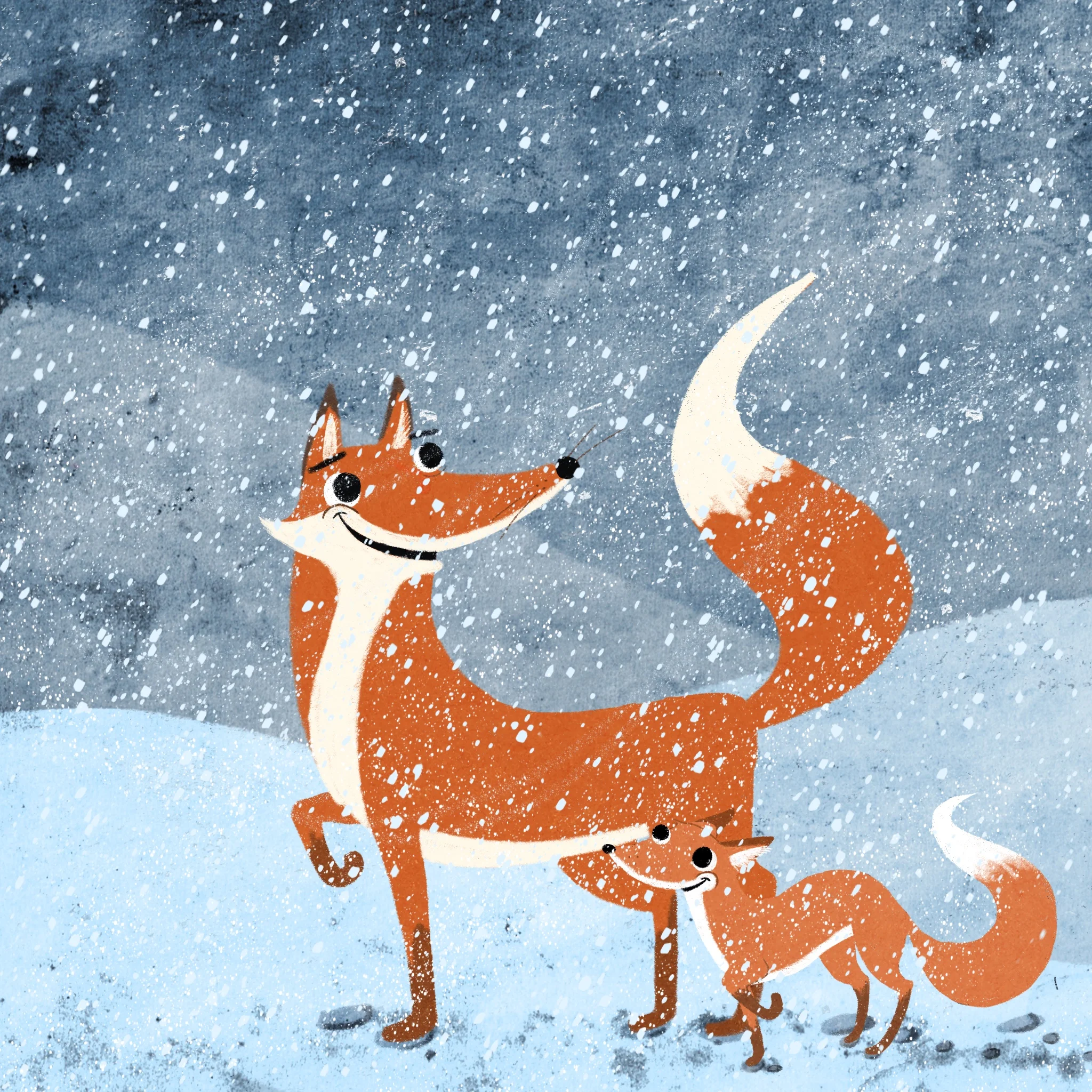 Illustration of two foxes in a snowy landscape with snow falling, one larger and one smaller, both smiling.